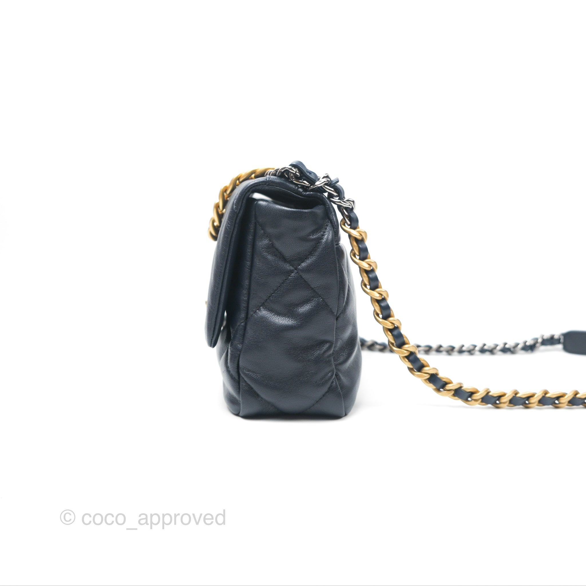 Chanel 19 Small Navy Blue Goatskin Leather Bag with Mixed Gold & Silver Hardware - Luxury Crossbody Purse for Women, Perfect for Date Night & Evening Events