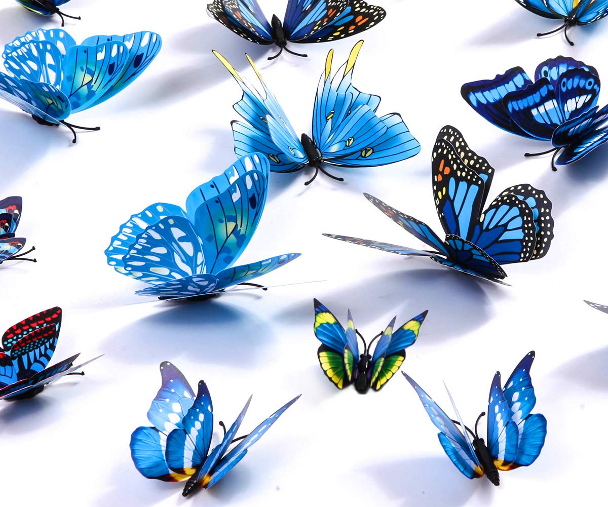 24Pcs 3D Butterfly Wall Decals - Removable Butterfly Stickers for Kids Room, Bedroom & Living Room Decor - Blue Mural Wall Art for Nursery, Home & Office Decoration