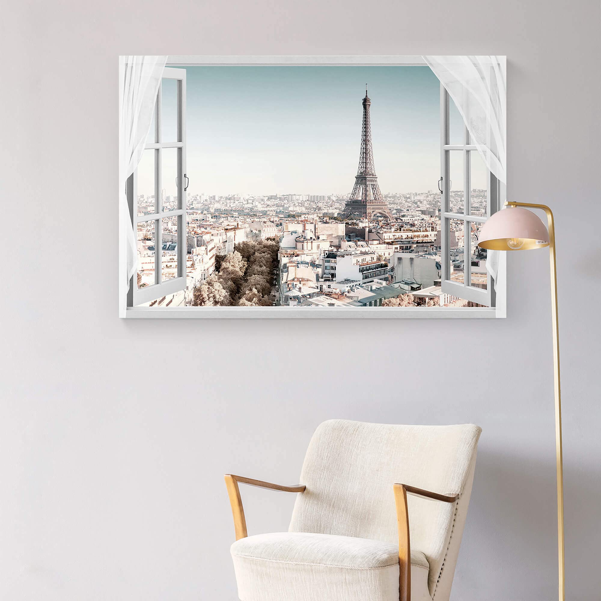 WALLSUP DECOR Paris Cityscape Canvas Wall Art - Modern Eiffel Tower Window View Painting, Large Fake Window Print for Living Room Decor, Bedroom & Office | Perfect Gift for Home Interior Design