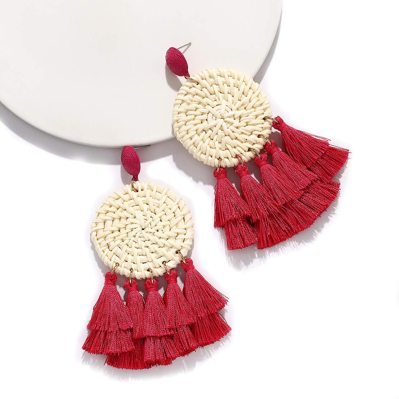 Bohemian Rattan Earrings for Women - Lightweight Handmade Woven Tassel Drop Earrings with Straw Texture | Perfect for Summer Festivals, Beach Vacations, and Boho Chic Outfits