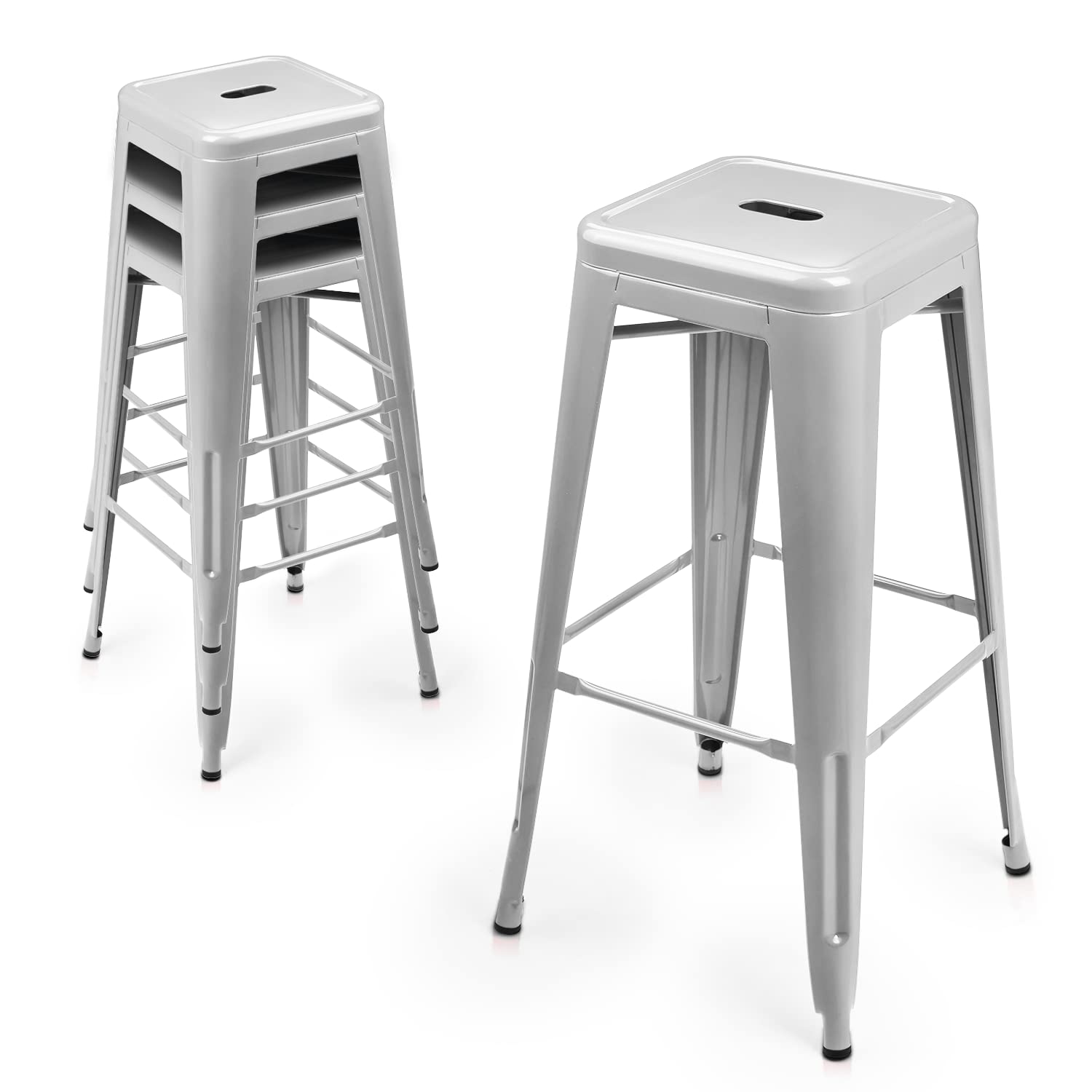 MoNiBloom 30 Inch Metal Bar Stools Set of 4 - Modern Stackable Counter Height Stools for Kitchen, Dining & Outdoor Use - Gray Barstools for Home, Cafe & Patio