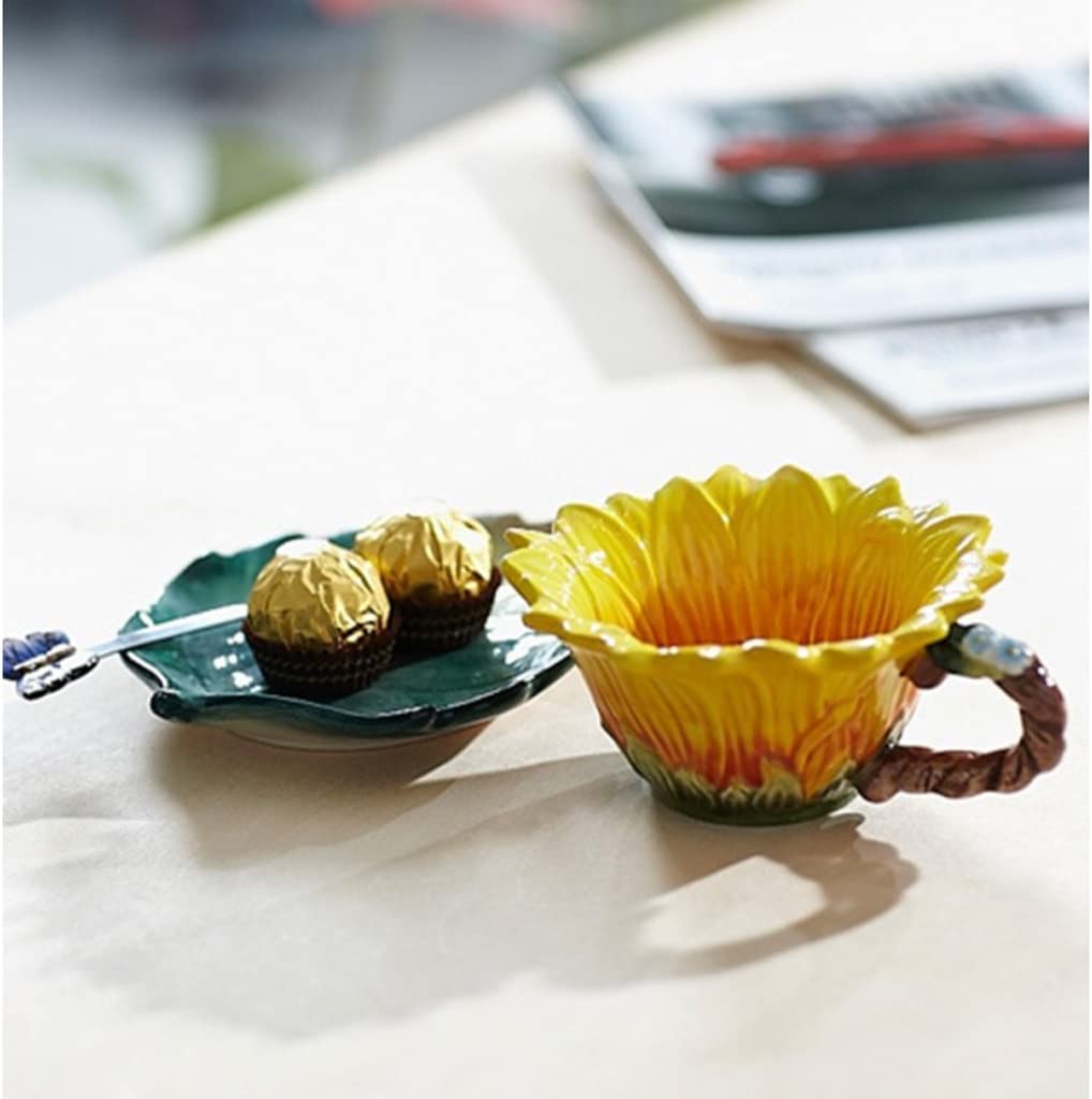 Sunflower Enamel Coffee Mug Set with Butterfly Spoon - 12oz Ceramic Tea Cup, Cute Home Decor Gift for Women, Birthday, Mother's Day - Perfect for Office, Kitchen & Coffee Lovers (Yellow, 1.8x2.2x4.7in)