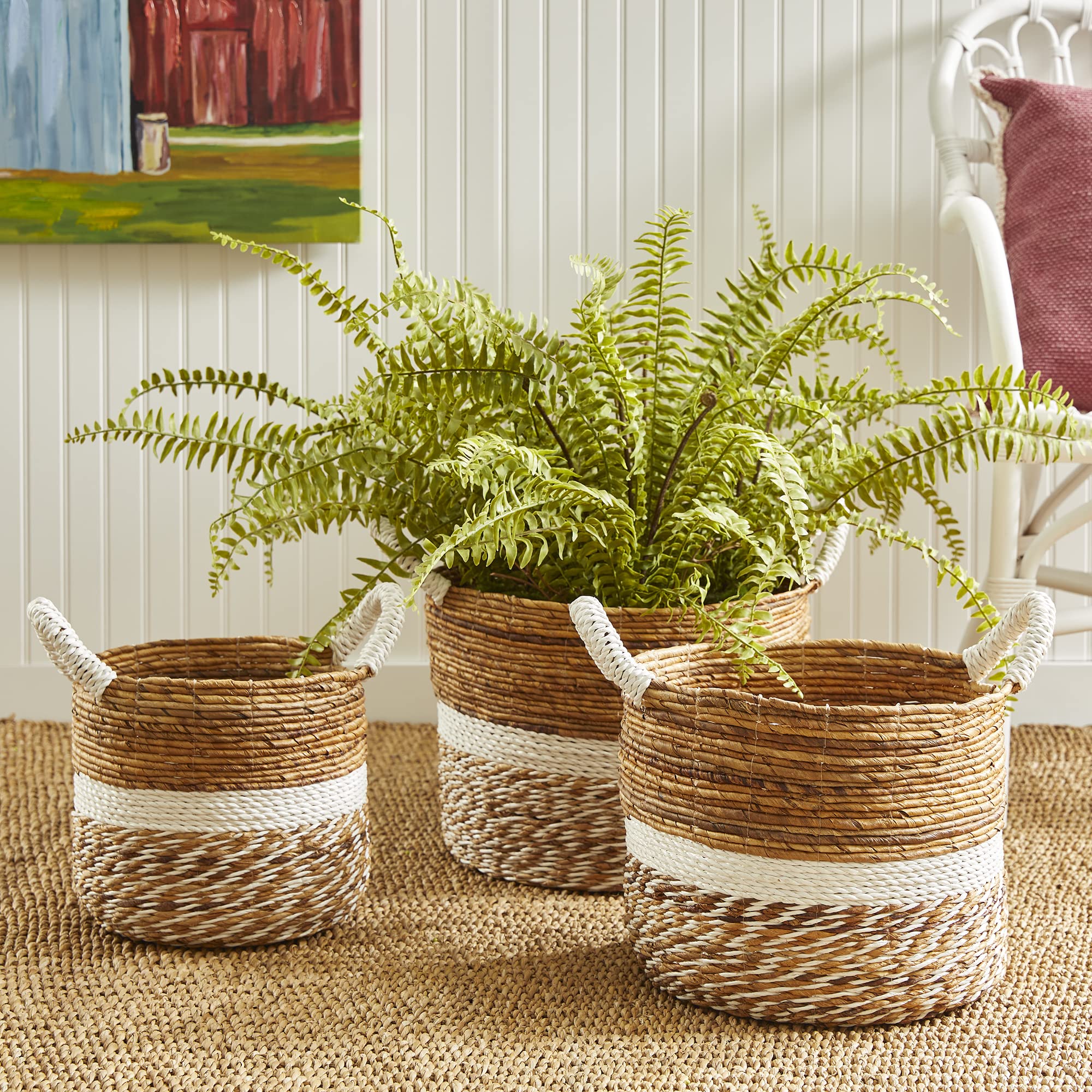 Napa Home & Garden Key Largo Round Woven Storage Baskets - Set of 3 White Decorative Baskets for Home Organization, Laundry, Bathroom & Living Room Decor