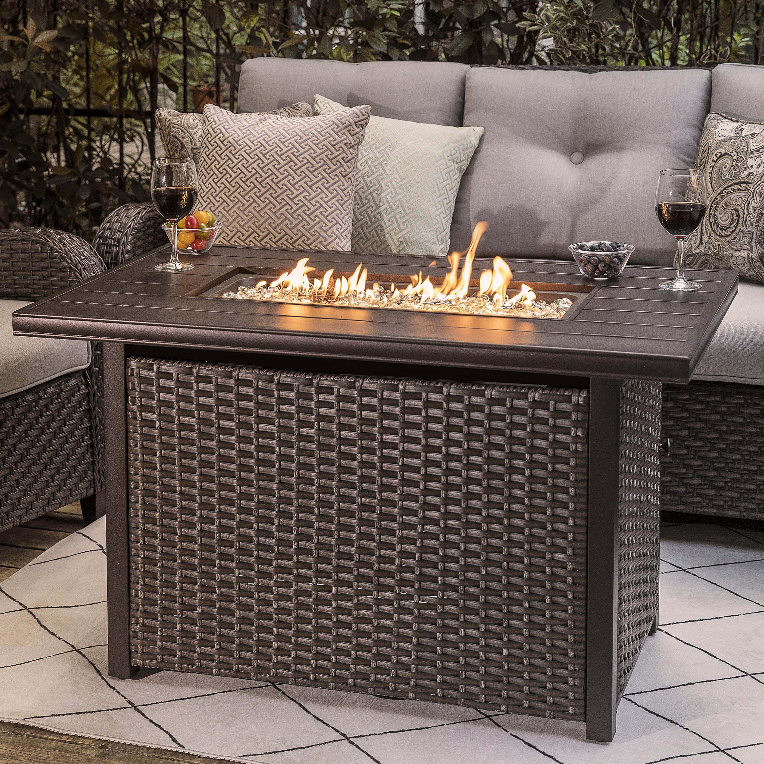43 Inch Nuu Garden Outdoor Propane Fire Pit Table - 50,000 BTU, Aluminum Top & PE Rattan Steel Frame, Waterproof Cover, Glass Beads, Lid - Dark Brown for Patio, Backyard, Deck, and Outdoor Gatherings
