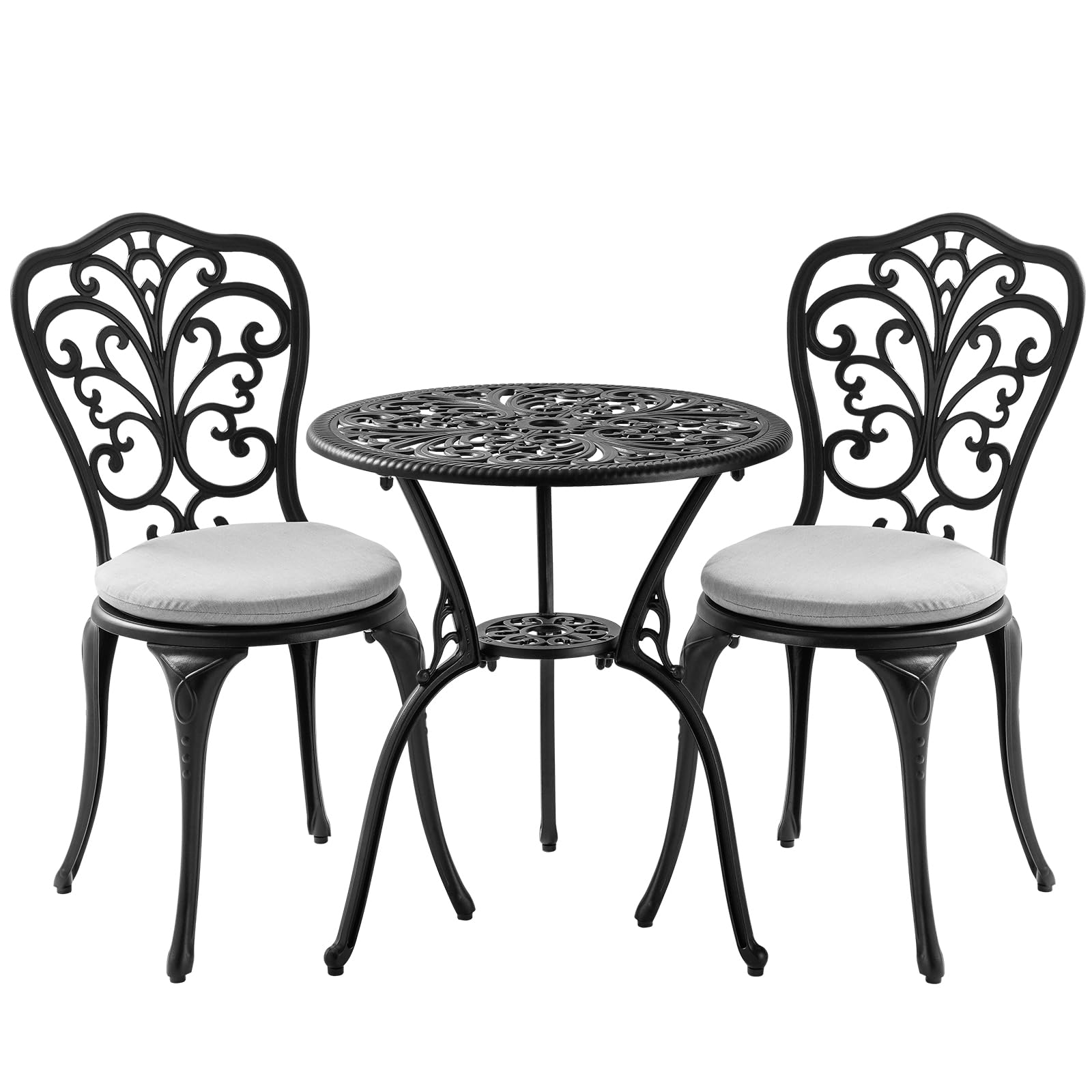 3 Piece Bistro Patio Set - Cast Aluminum Outdoor Table & 2 Chairs with Cushions, All-Weather Garden Furniture with Umbrella Hole (Black) - Perfect for Backyard, Balcony, and Poolside Relaxation