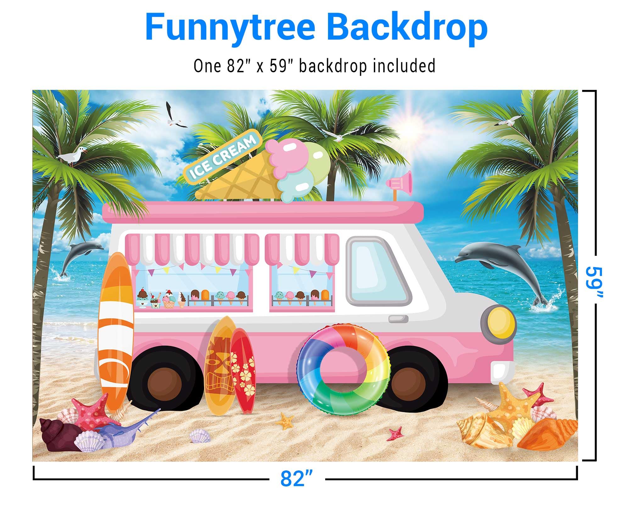 Funnytree 7x5ft Ice Cream Party Backdrop - Pink Dessert Shop Truck Photography Background for Summer, Hawaii Beach & Seaside Themes - Perfect for Baby Girl Birthday, Kids Cake Table Decor, Photo Studio Booth Props & Sweet Party Scenes