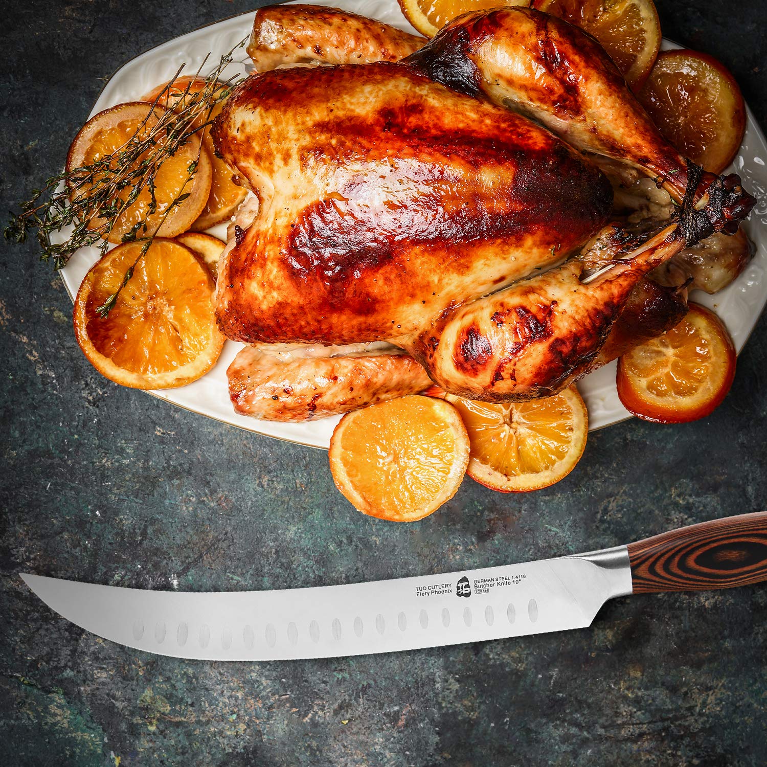 TUO Cimitar Butcher Knife - 10 Inch Professional Curved Meat Cleaver for Breaking, Slicing & Carving - German High Carbon Steel Blade with Full Tang Pakkawood Handle - Fiery Series Gift Box (Perfect for Butchers, Chefs & BBQ Enthusiasts)