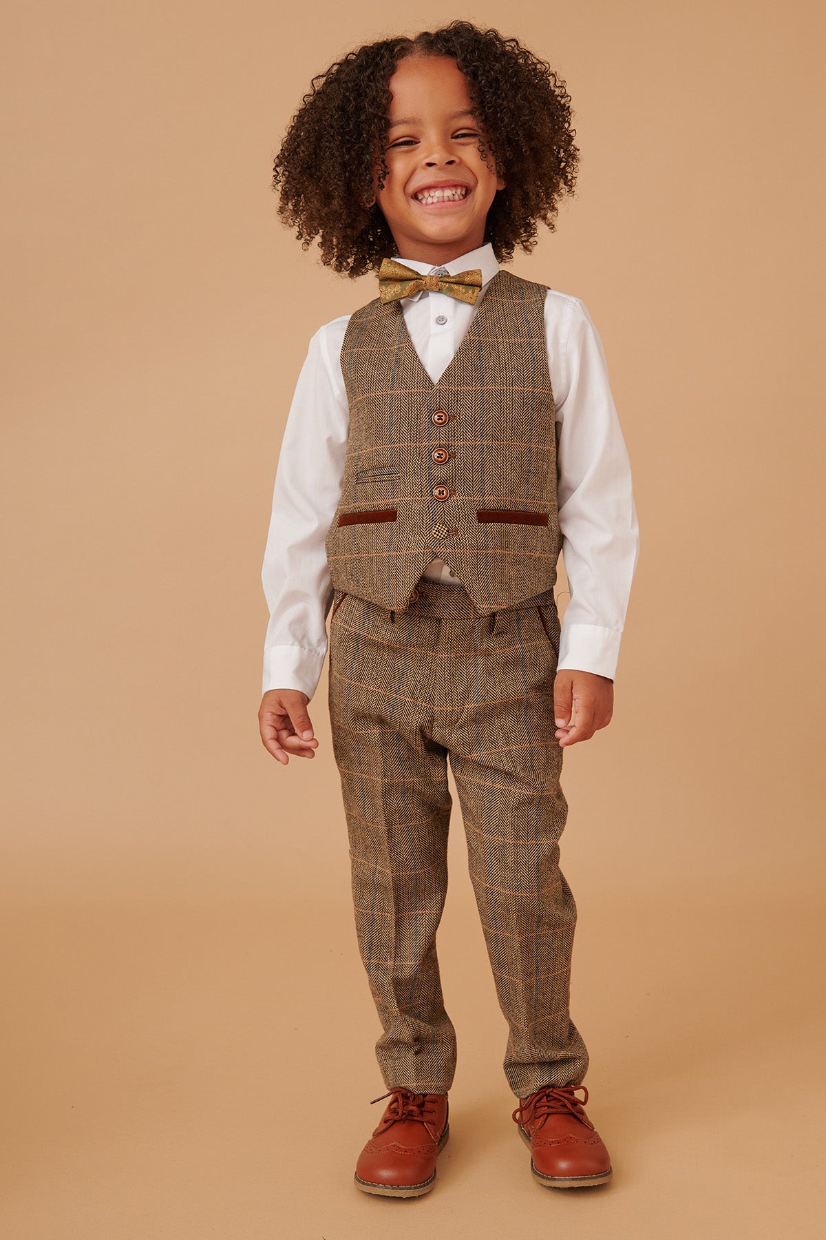 TED Children's Tan Tweed Check 3-Piece Suit for Boys | Formal Occasions, School Events & Family Photos