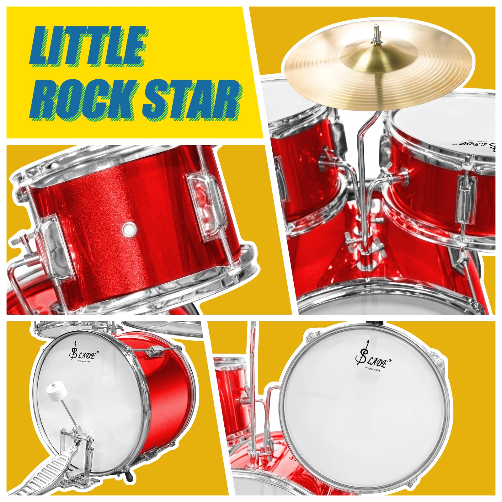 SLADE 3-Piece Kids Drum Set - Junior Drum Kit with Stool & Sticks, Musical Toy for Toddlers & Children (Red) | Perfect for Birthday Gifts, Music Education & Home Play