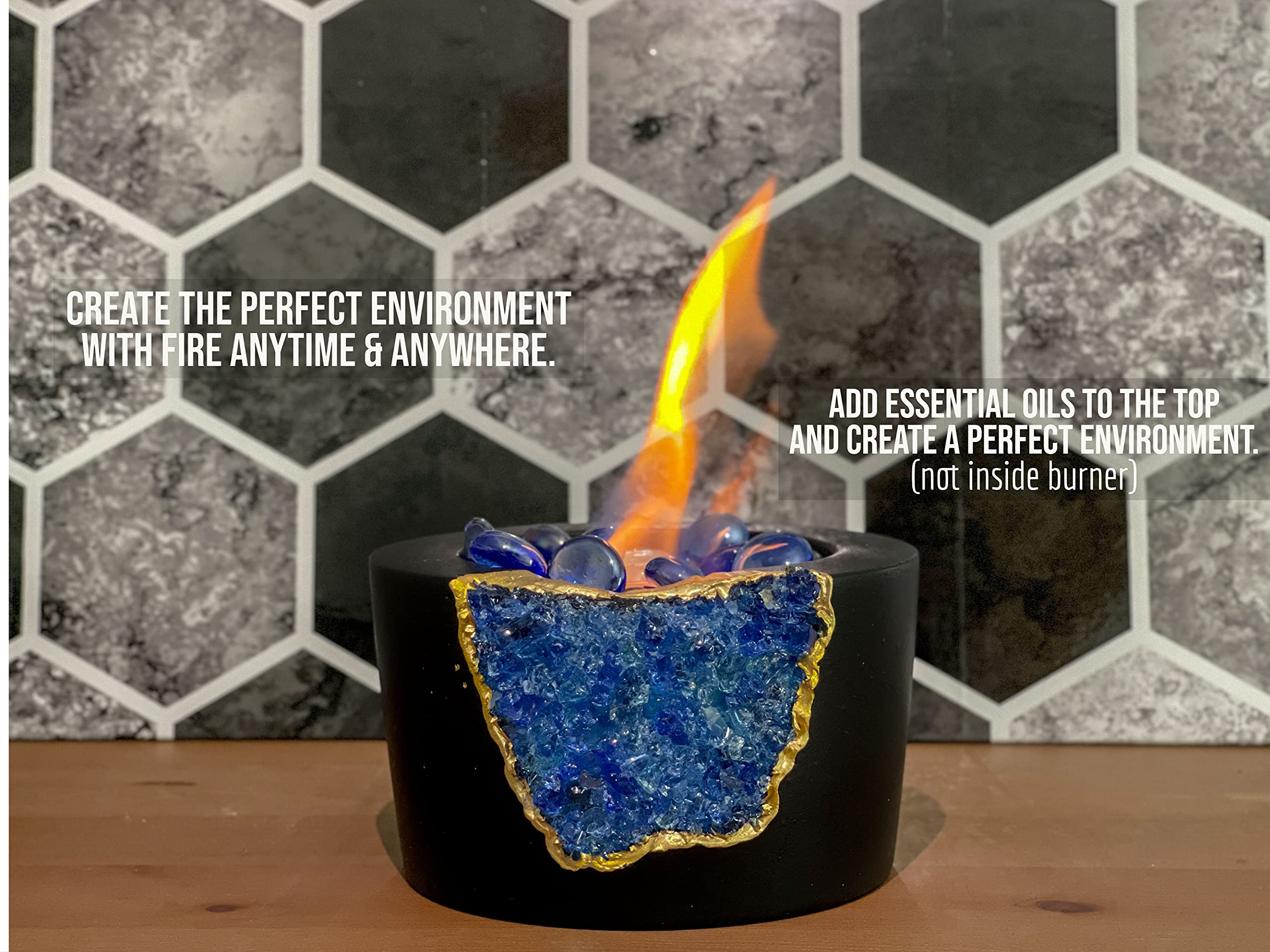 Portable Tabletop Fireplace - Indoor/Outdoor Bio Ethanol Fire Pit Bowl, Mini Concrete Chiminea for Meditation & Decor, Navy Blue & Black - Perfect for Patio, Living Room, and Backyard Ambiance