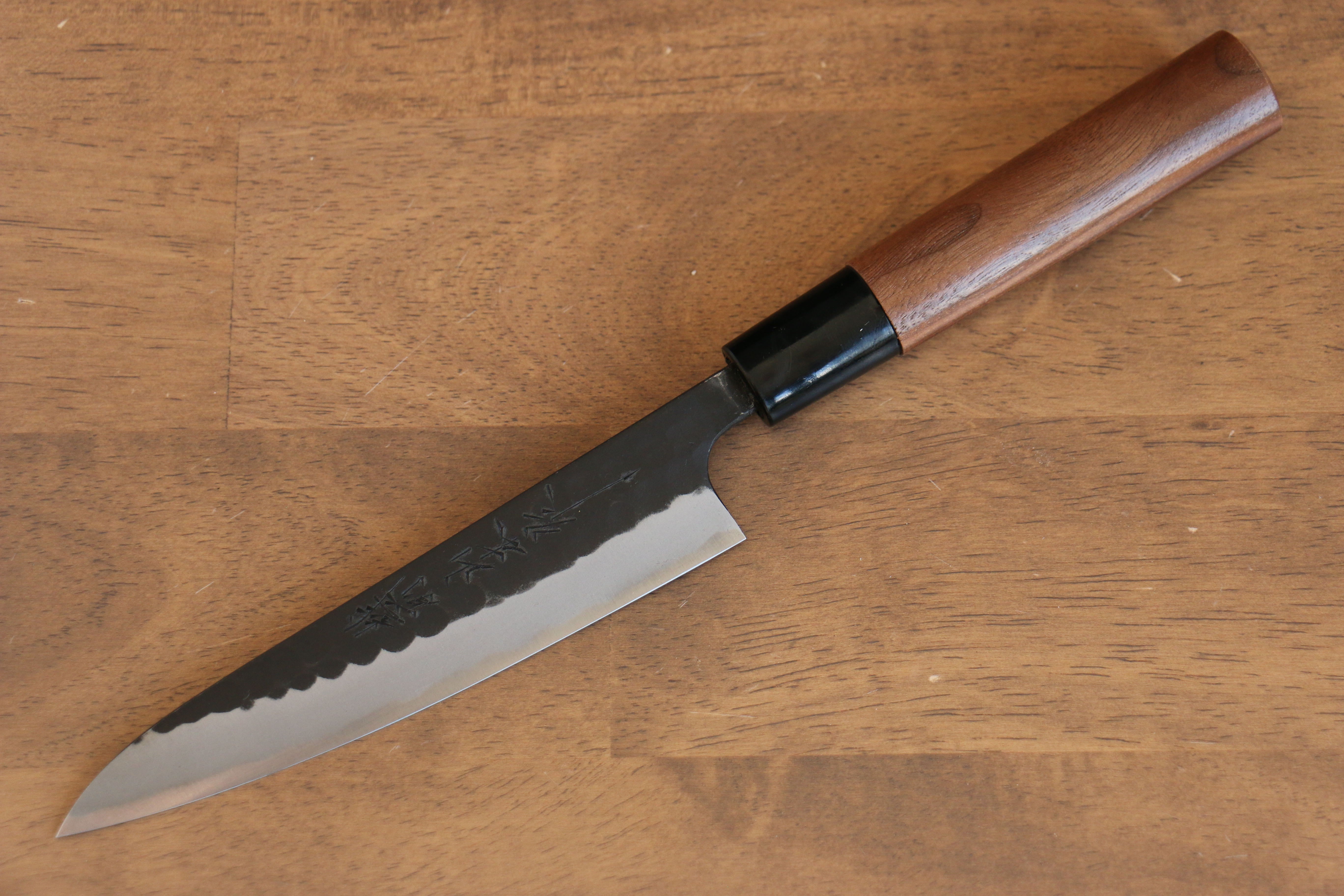 Premium Nao Yamamoto Blue Steel Kurouchi Hammered Petty Knife 140mm - Walnut Handle Japanese Utility Knife for Slicing, Chopping & Precision Kitchen Tasks