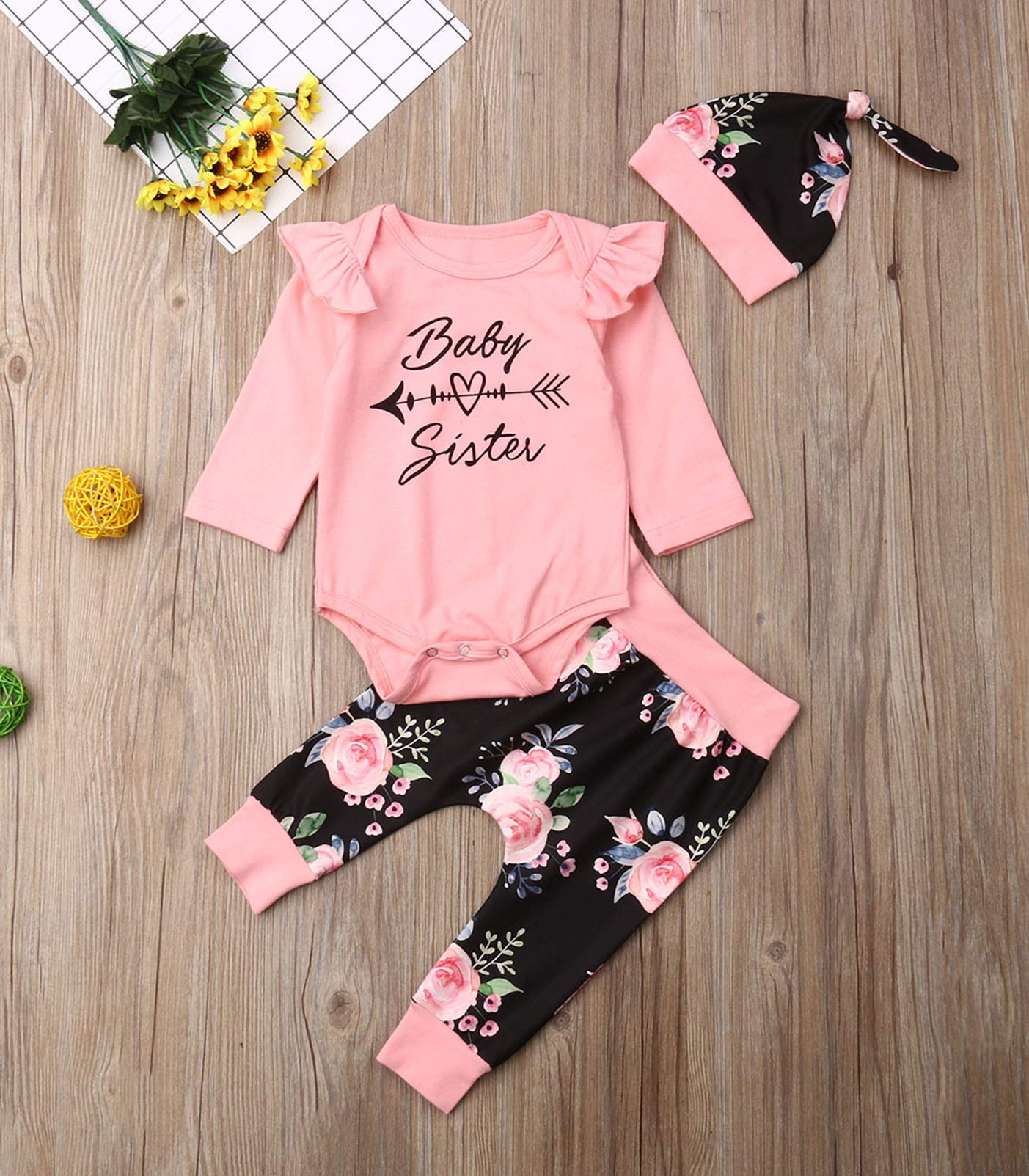 Baby Girls Little Sister Outfit Set - Floral Pants, Bowknot Headband & Bodysuit Tops | Cute Matching Clothes for Newborns, Infants & Toddlers | Perfect for Family Photos, Birthday Parties & Special Occasions
