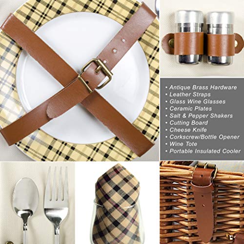 Personalized English-Style Willow Picnic Basket for 2 - Includes Coffee Set & Blanket - Perfect for Romantic Outdoors, Beach Picnics & Garden Parties