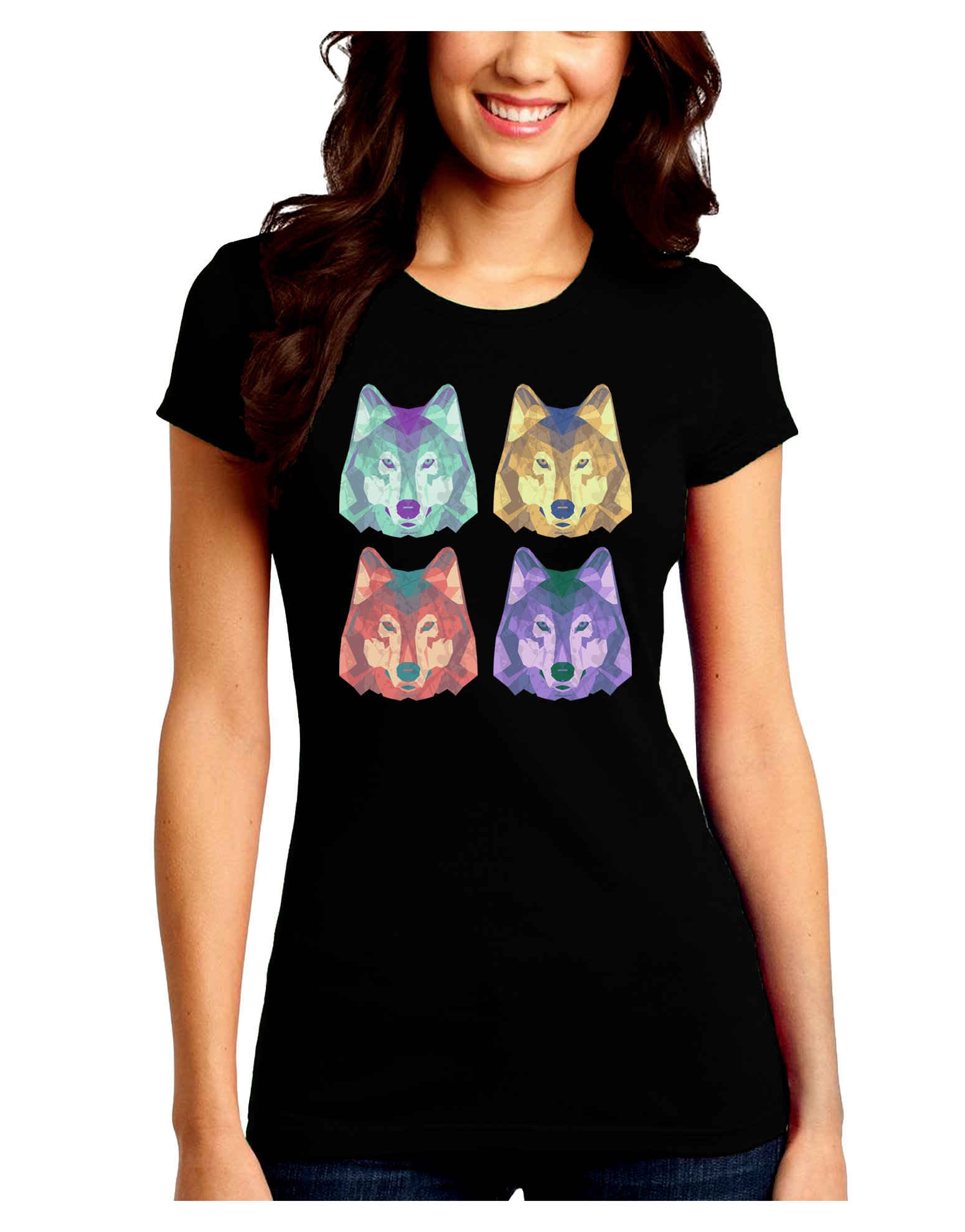 Geometric Wolf Head Pop Art Dark T-Shirt for Women - Stylish Crew Neck Tee for Casual Wear, Street Fashion & Graphic Tee Lovers