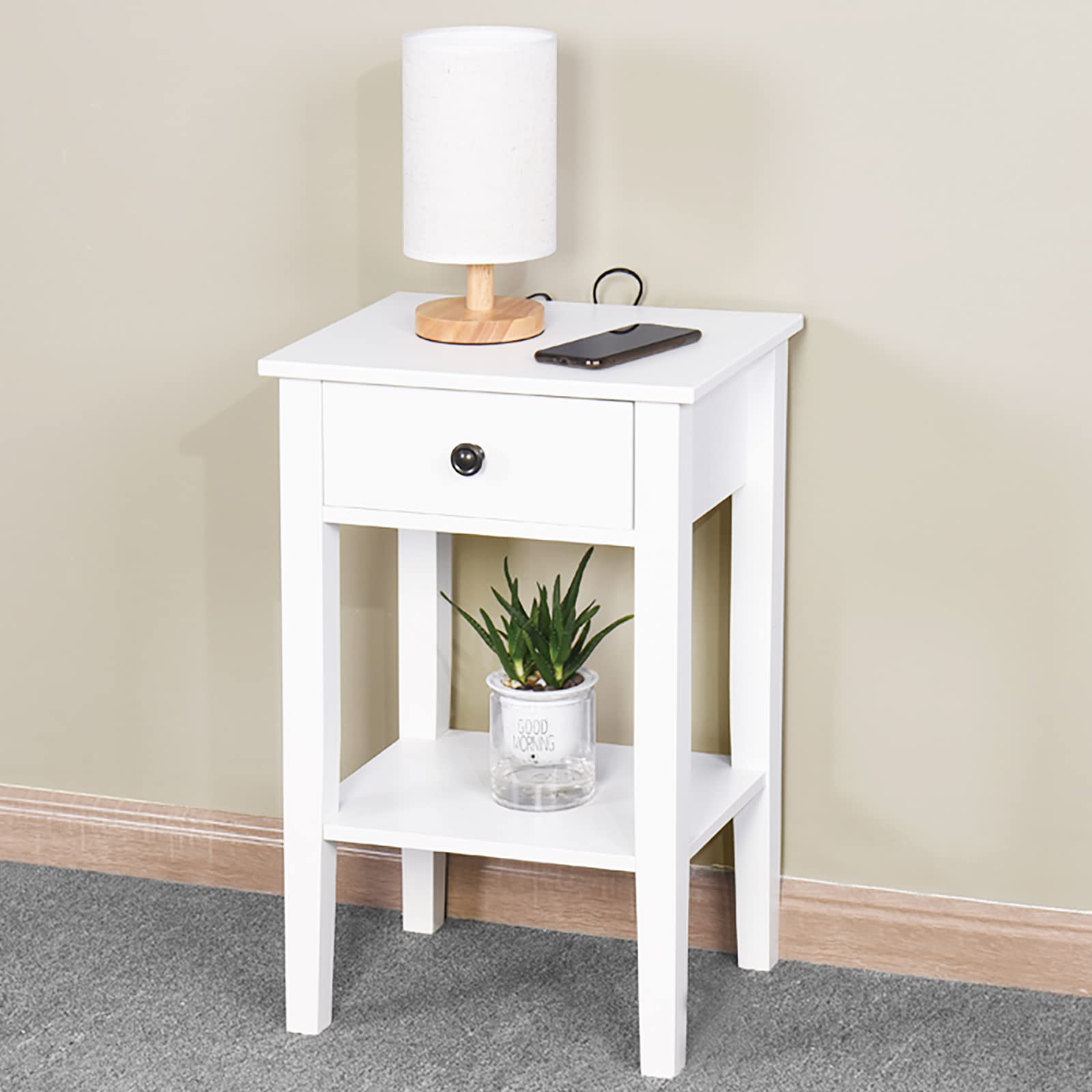 Minimalist Nightstand with Drawer & Shelf - Modern Narrow Bedside Table with Storage, Wooden End Table for Bedroom, Living Room, Sofa & Couch - White | Perfect for Small Spaces, Apartment Essentials & Home Decor