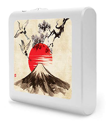 Dimmable LED Night Light with Auto On/Off Sensor, Adjustable Brightness & Warm White Light - Perfect for Bathroom, Hallway, Nursery, Bedroom - Cranes Flying Over Volcano Design - Energy Saving Plug-in Nightlight for Kids & Adults