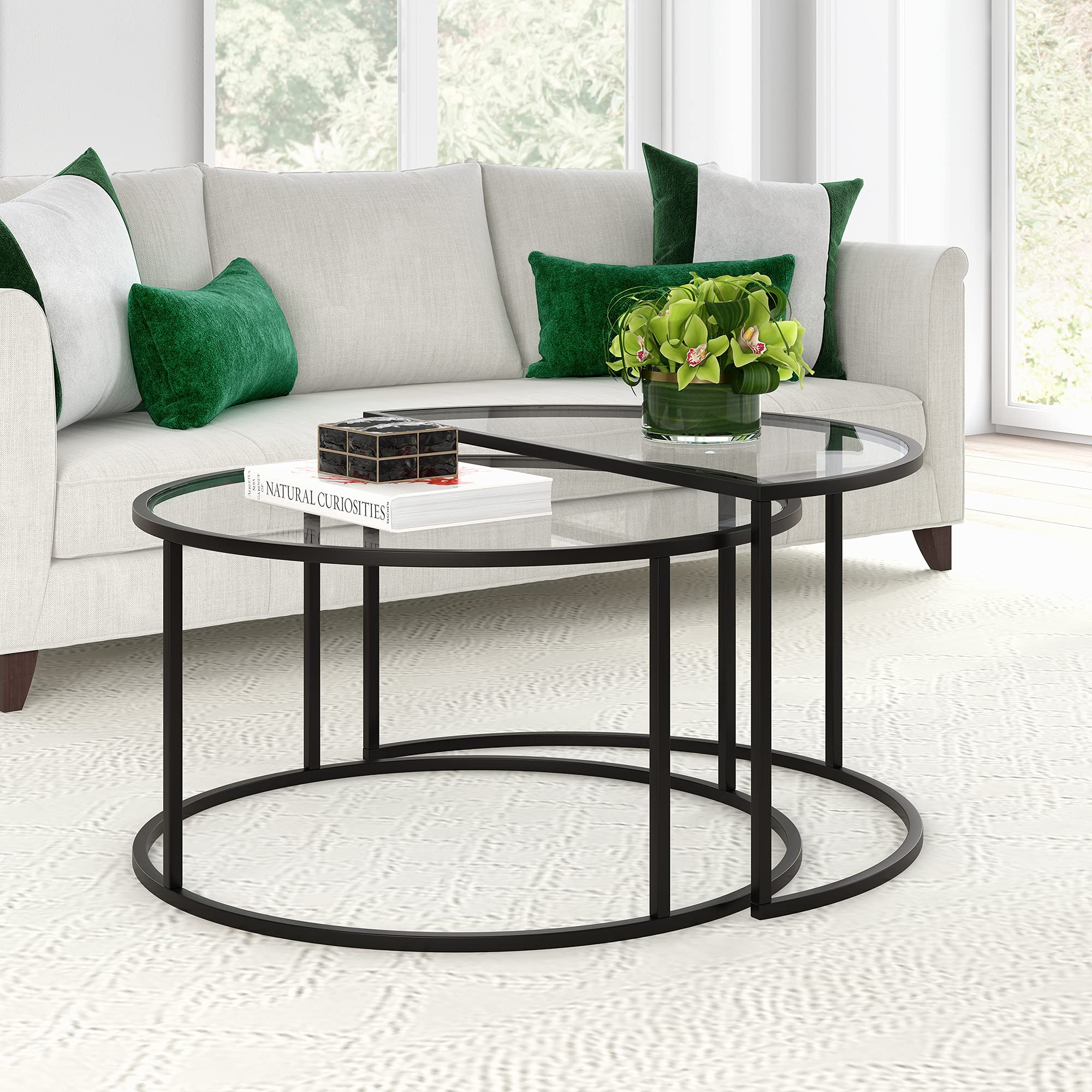 Luna Round & Demilune Nested Coffee Table Set - Blackened Bronze Finish - Modern Living Room Furniture for Small Spaces & Home Decor
