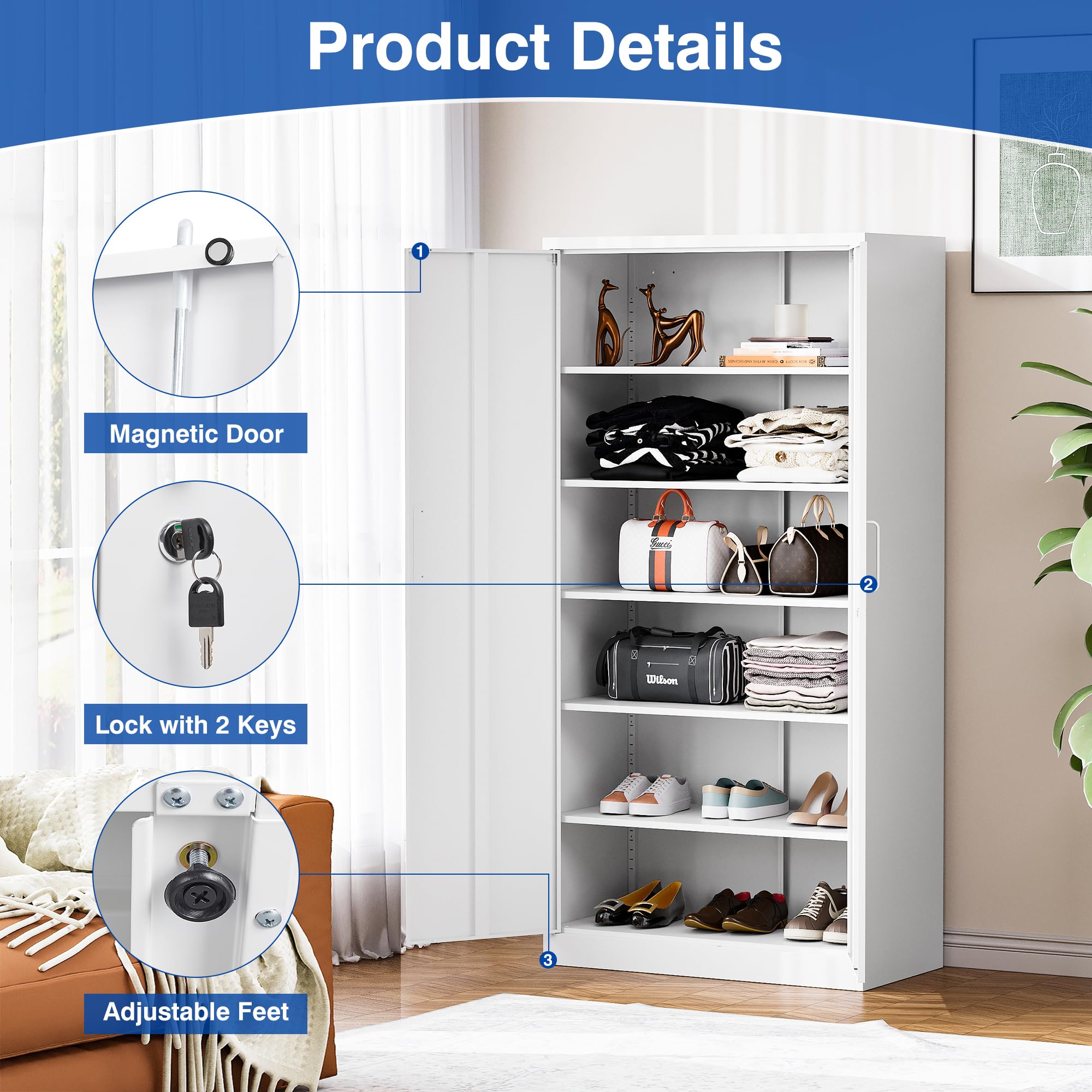 5-Shelf Adjustable Metal Storage Cabinet with Locking Door - Heavy Duty Steel Garage Cabinet for Home, School, Office & Workshop Organization (White) | Perfect for Tools, Supplies & Equipment Storage