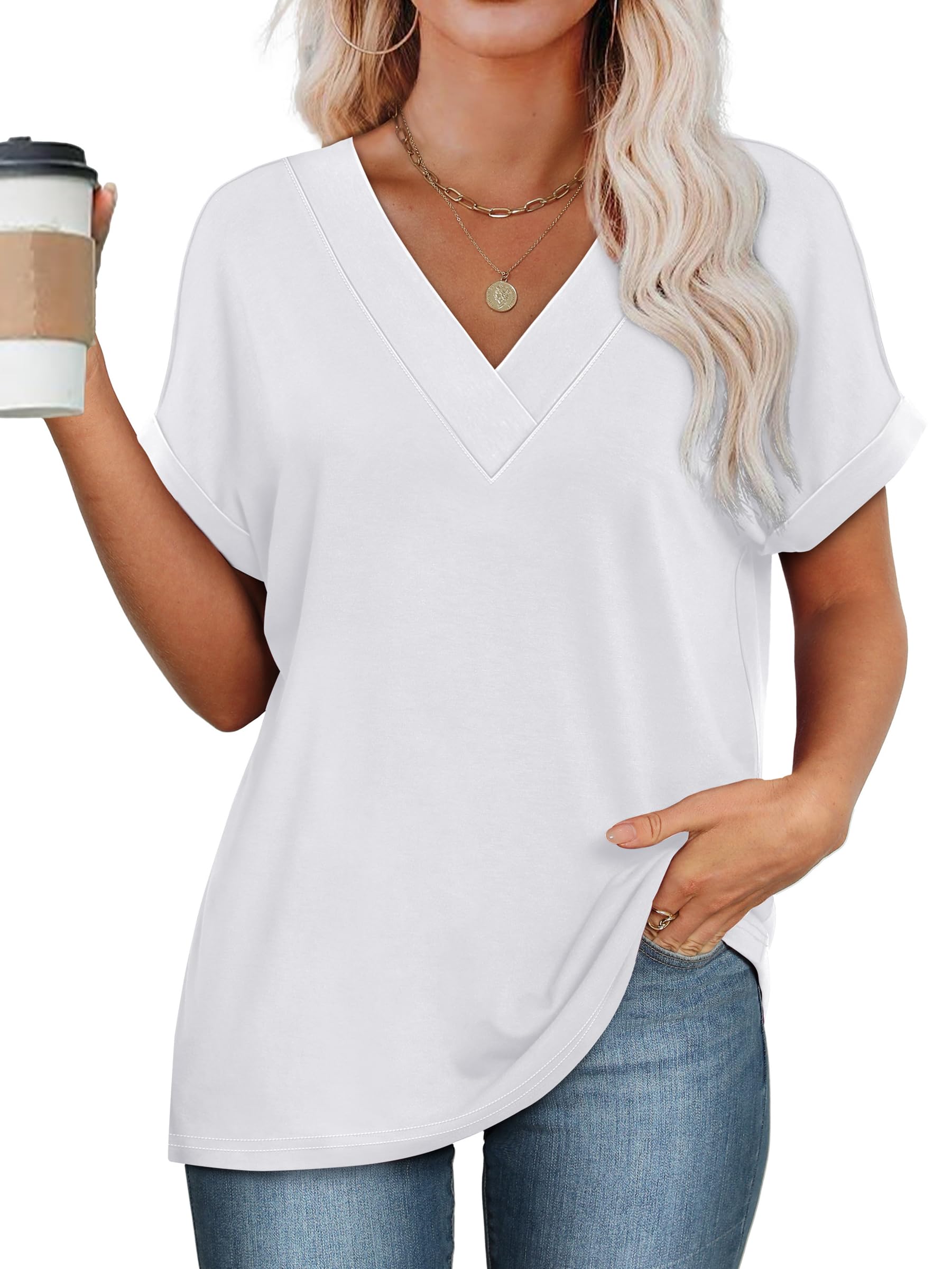 WIHOLL Women's Summer Tops - 2025 Fashion Short Dolman Sleeve V-Neck Shirts | Casual Outfits for Beach, Vacation & Everyday Wear