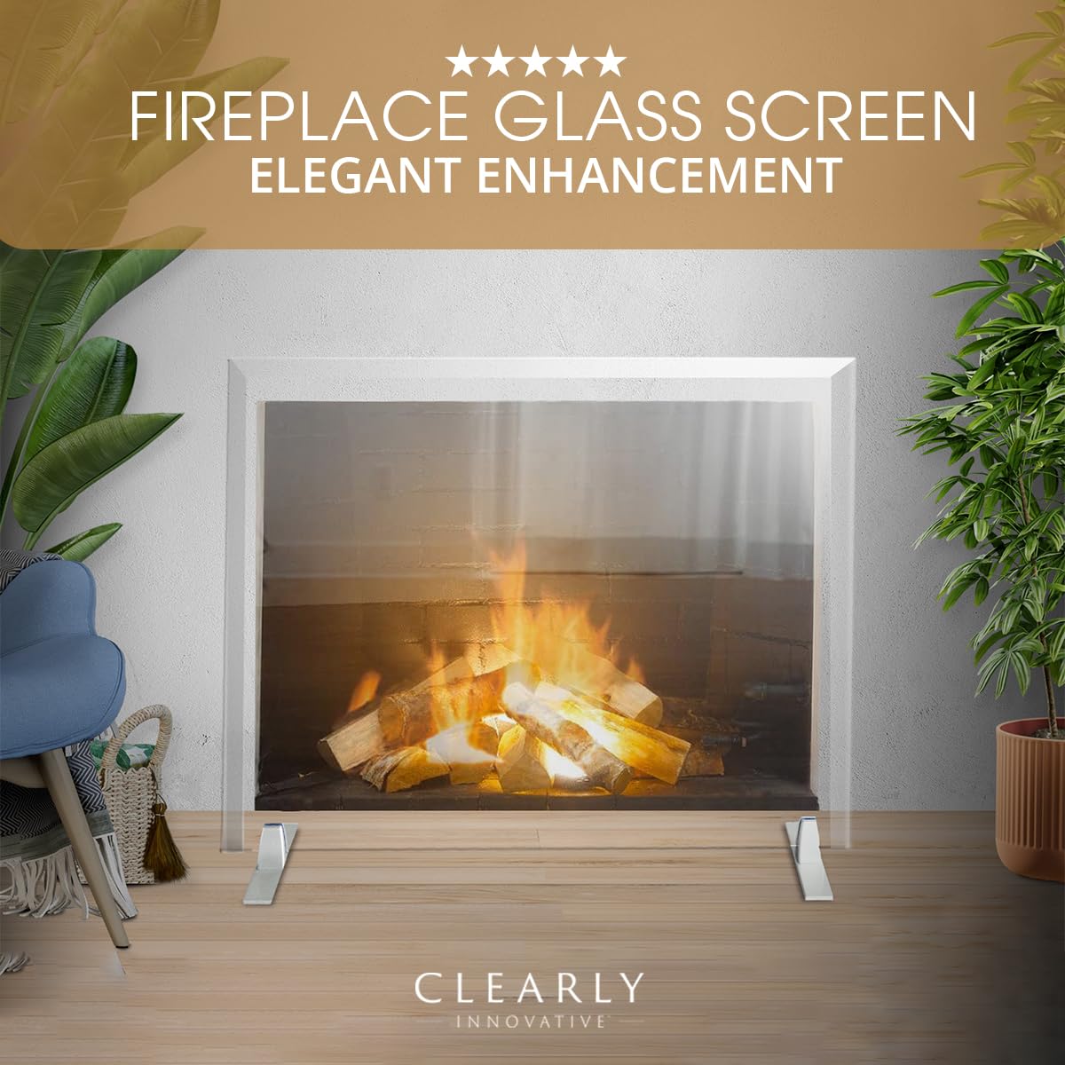 Premium Tempered Glass Fireplace Screen with Beveled Edge - 26