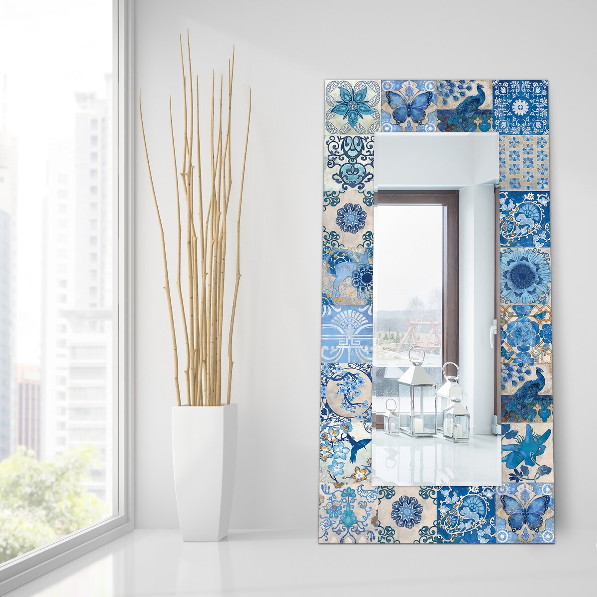 Blue & White Abstract Rectangular Beveled Wall Mirror - 72 x 36 Inches - Tempered Glass Free Floating Design - Perfect for Living Room, Bedroom or Entryway Decor