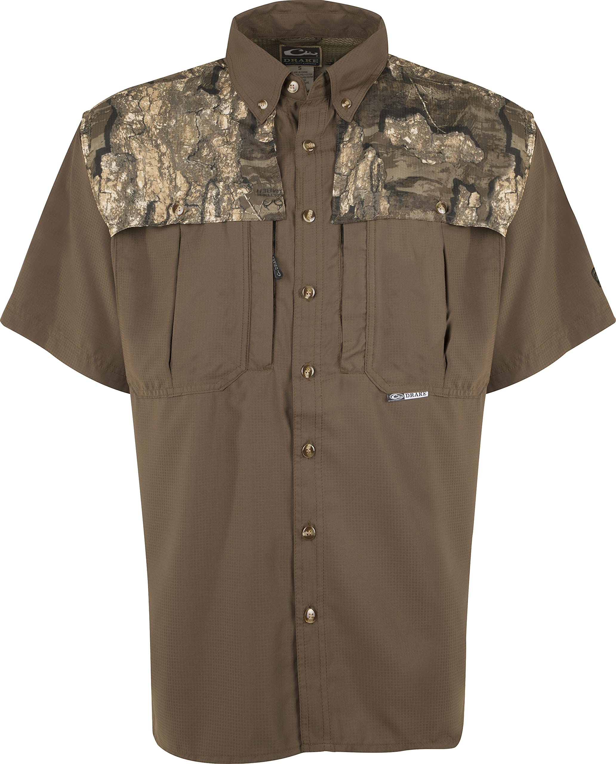 Drake Two-Tone Camo Flyweight Wingshooter's Shirt Short Sleeve - Realtree Timber Camouflage Hunting Shirt for Outdoor & Waterfowl Hunting