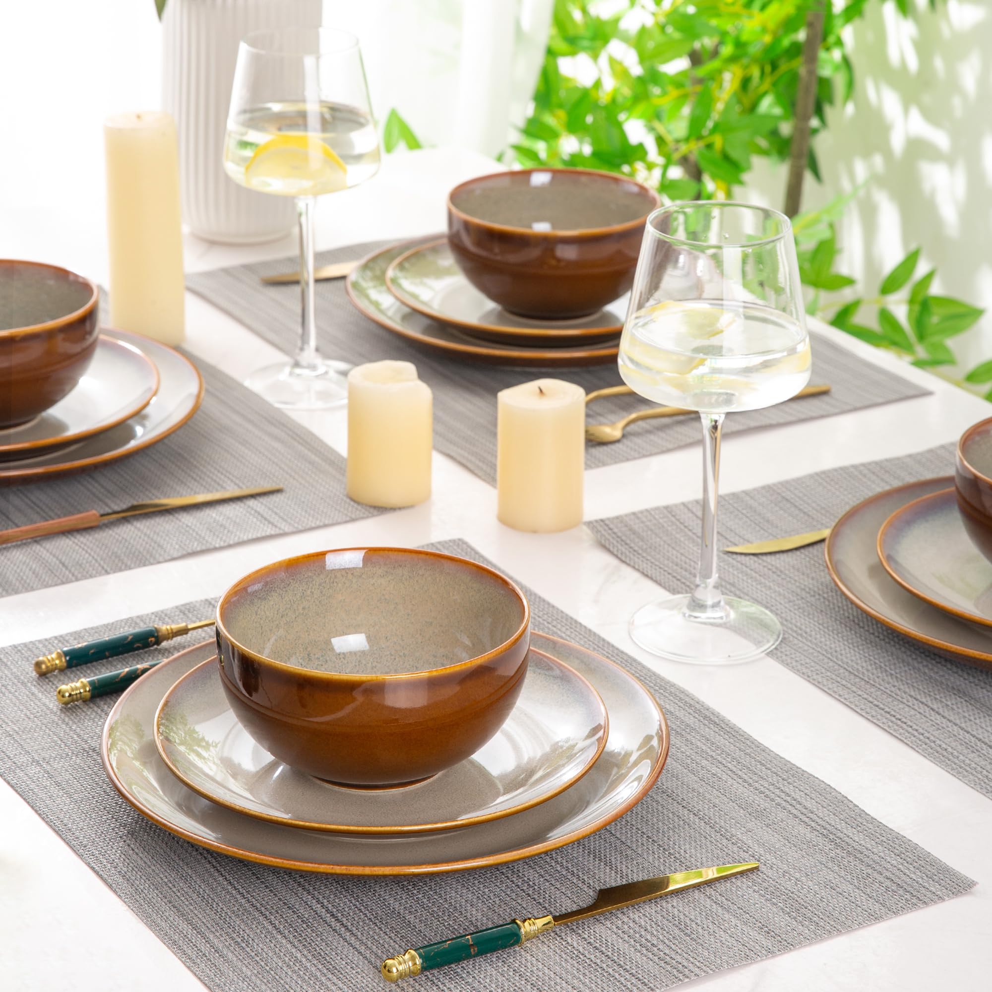 LERATIO 24-Piece Ceramic Dinnerware Set for 8, Stoneware Plates & Bowls with Handmade Reactive Glaze - Chip & Scratch Resistant, Oven, Dishwasher & Microwave Safe - Khaki | Perfect for Family Dinners, Entertaining Guests & Everyday Use