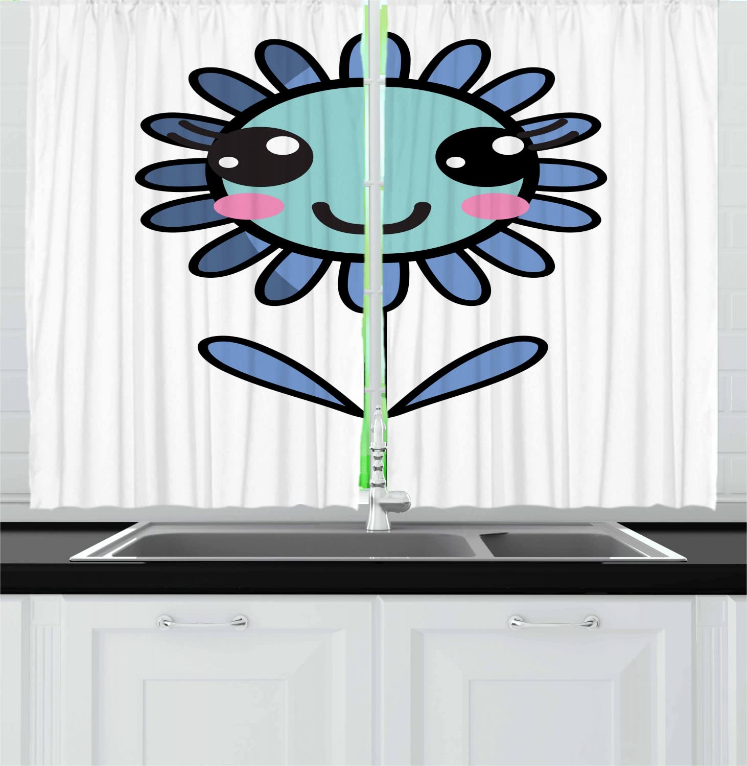 Kawaii Long Kitchen Curtains Set of 2 - Floral Leaves & Petals Caricature Style Drapes with Rod Pocket, 55 x 45 Inches, Turquoise Violet Blue Black - Cute Window Treatment for Farmhouse, Apartment & Dorm Decor