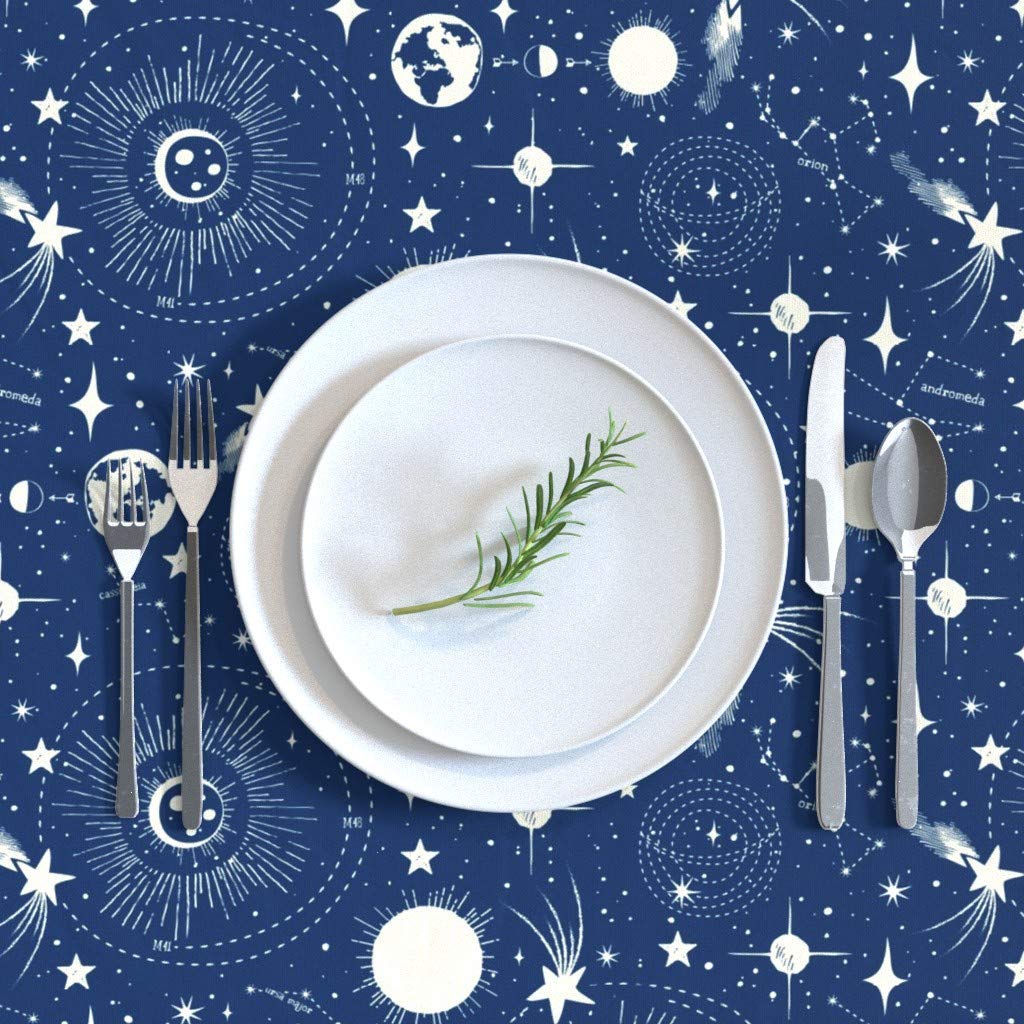Solar System Blue Stars Space Moon Vintage Cotton Sateen Tablecloth 70