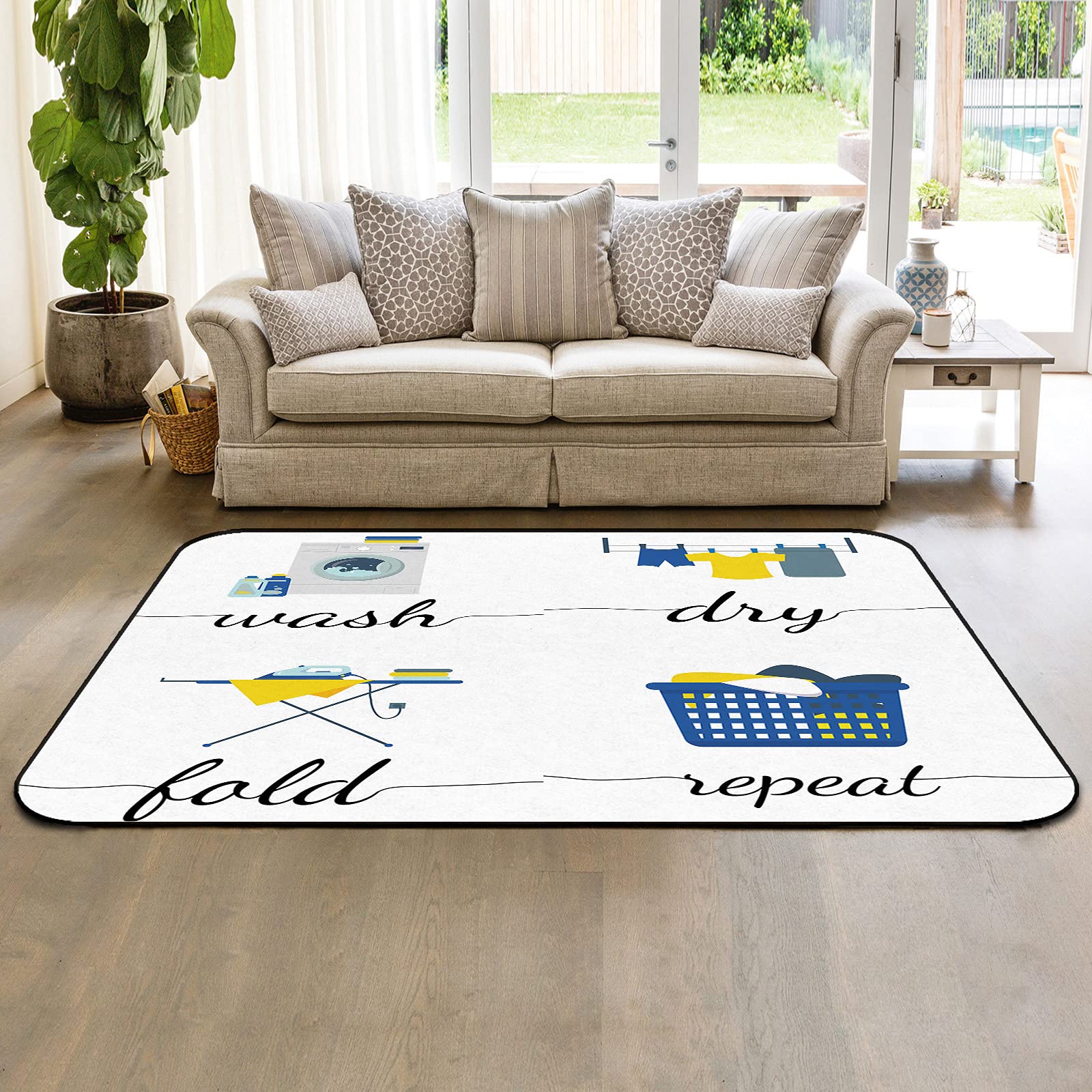 5' x 8' Modern Washable Area Rugs - Soft Nursery Carpet for Kids Room, Machine Washable Indoor/Outdoor Rug for Living Room, Bedroom & Laundry Room - Blue Basket Weave Design for Home Decor & Play Areas