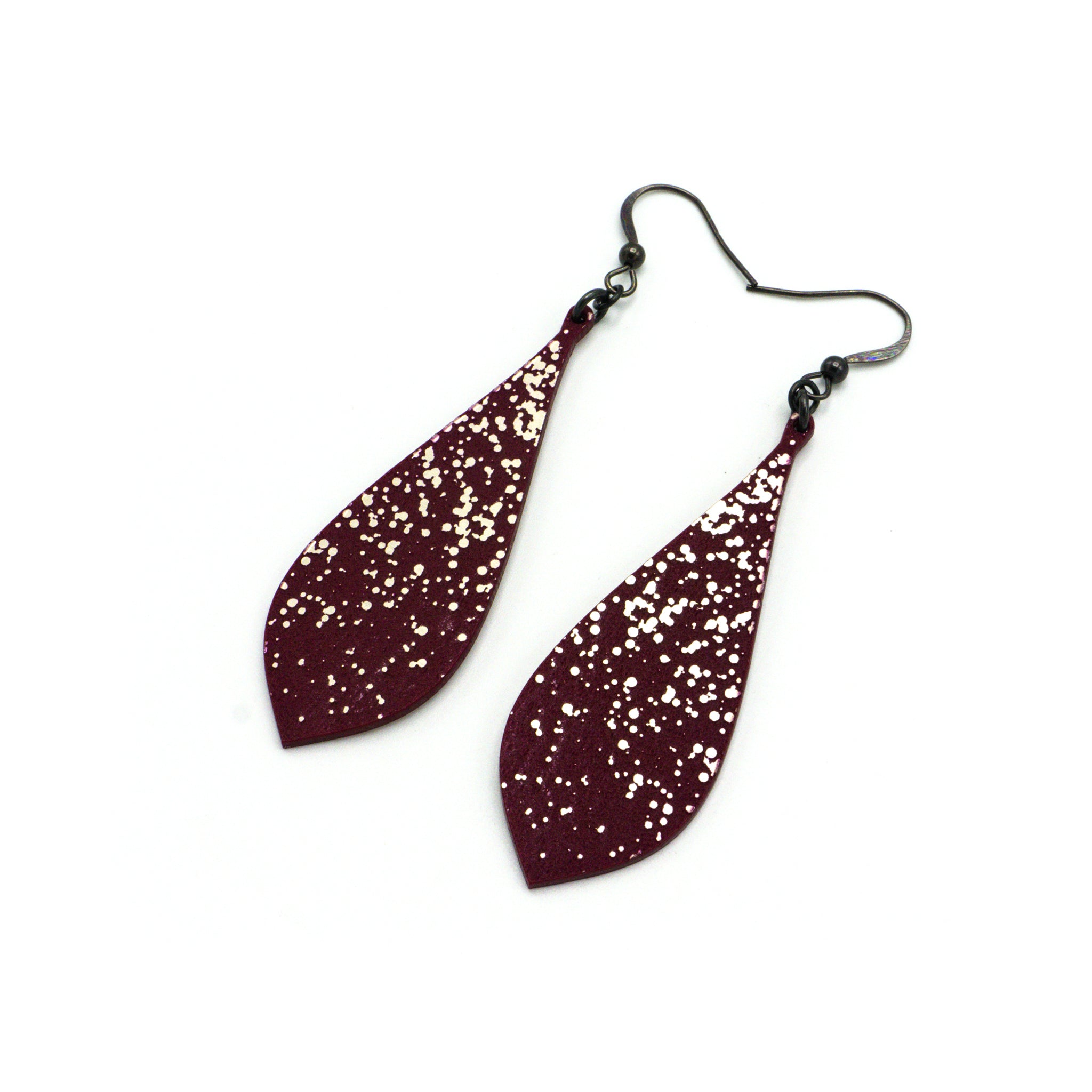 Abstract Acrylic Earrings - Slim Bevel Drops in Brushed Nickel & Burgundy | Lightweight Fashion Jewelry for Women, Perfect for Parties, Weddings & Everyday Wear