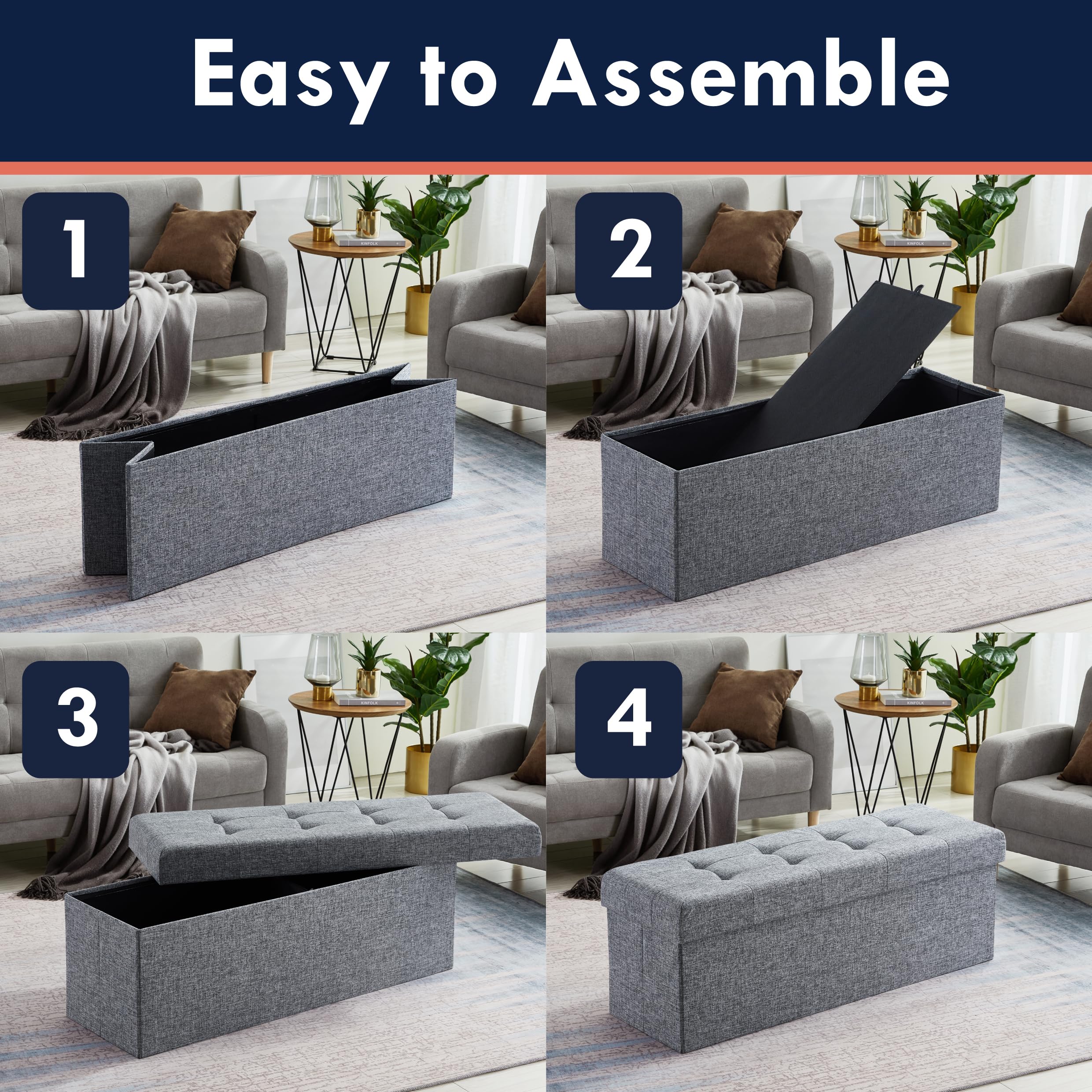 Ornavo Home 45 Inch Folding Storage Ottoman Bench with Removable Top - Large Foot Rest Stool, Storage Chest for Living Room, Bedroom & Entryway (Gray)