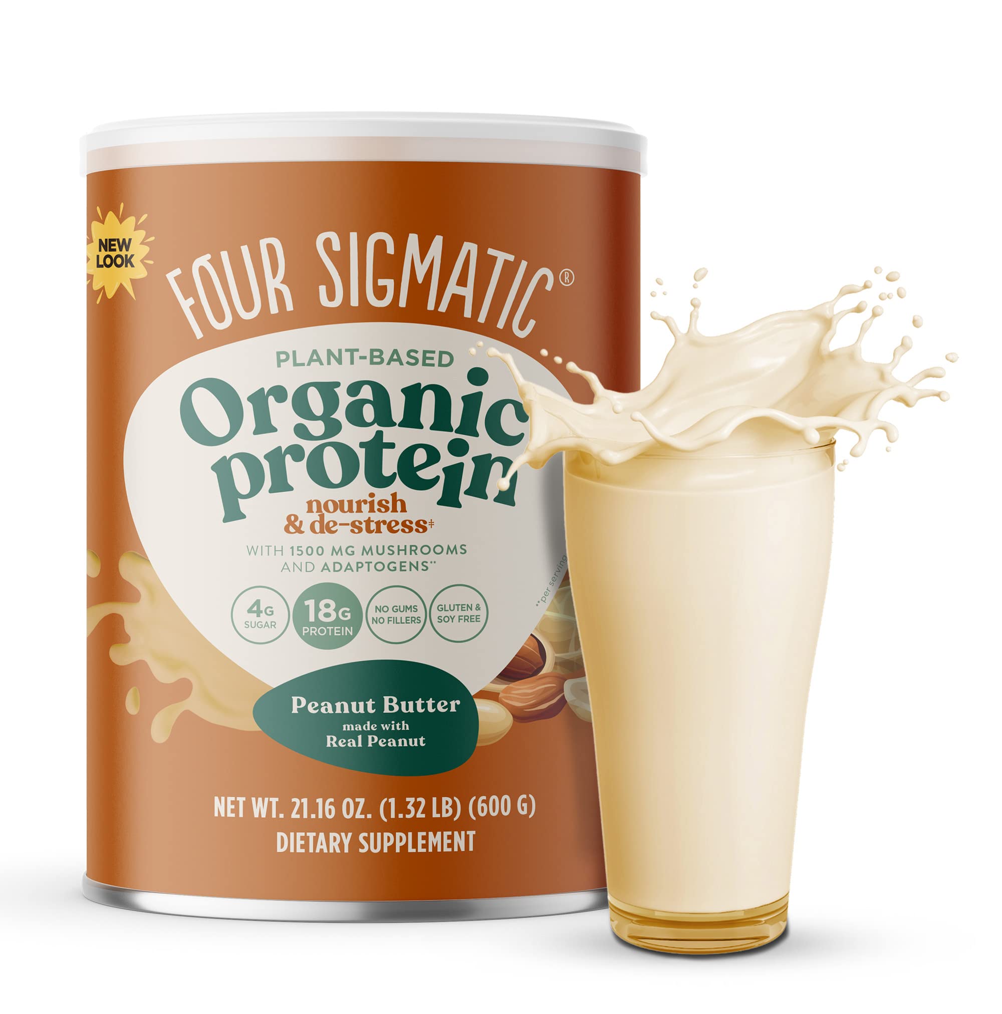 Four Sigmatic Organic Plant-Based Protein Powder - Peanut Butter Flavor with Lion’s Mane, Chaga & Cordyceps | Vegan Protein for Brain Function & Immune Support | 21.16 oz | Perfect for Post-Workout Recovery & Healthy Smoothies