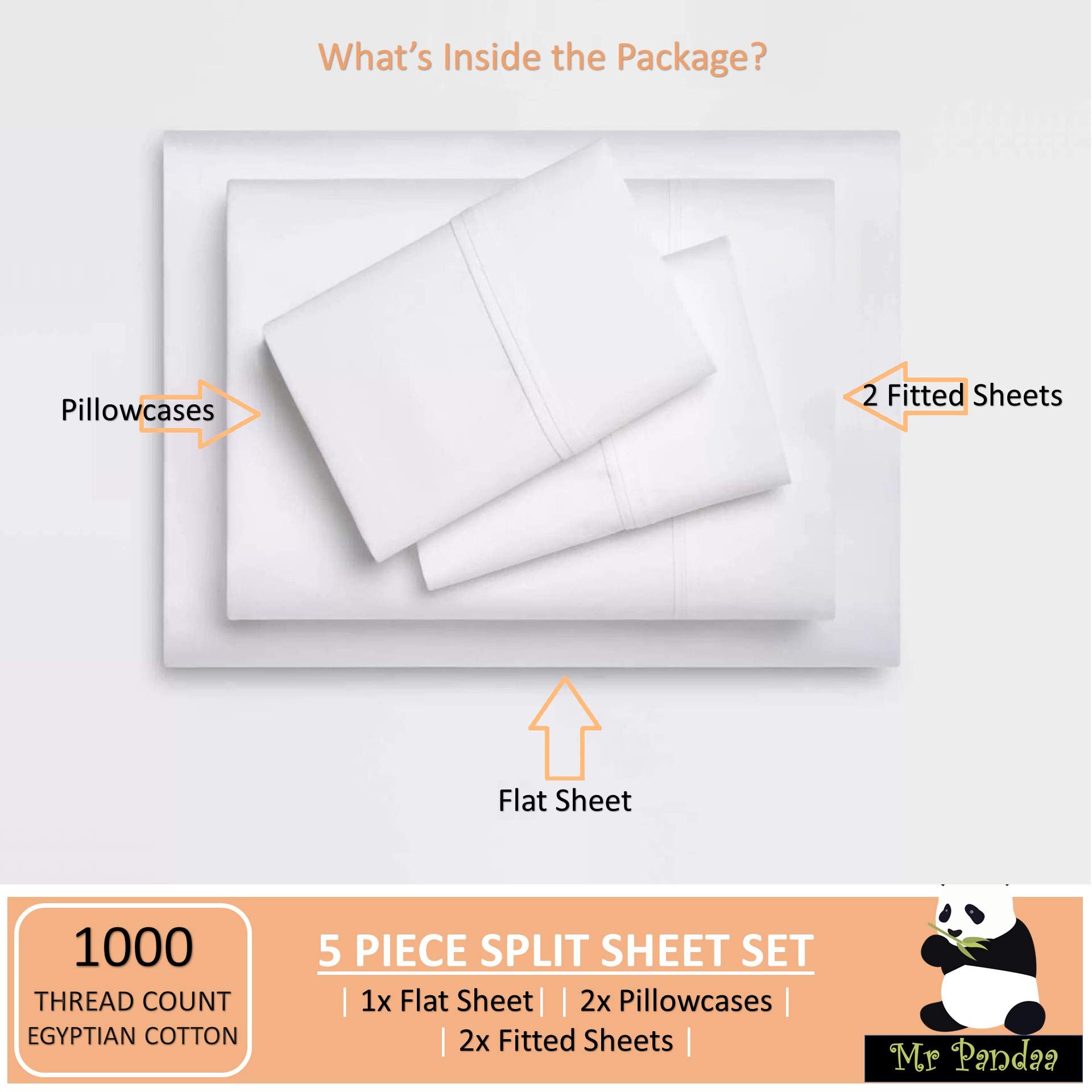 Premium 1000-Thread-Count 100% Egyptian Cotton Split Queen Sheet Set for Adjustable Beds - Ultra Soft Sateen Weave 5-Piece Set with 2 Fitted Sheets (21