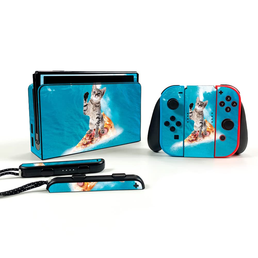 MightySkins Carbon Fiber Skin for Nintendo Switch OLED - Pizza Surfing Kitty Design | Protective Durable Textured Cover | Easy to Apply | Made in USA | Perfect for Gaming Protection & Style Enhancement