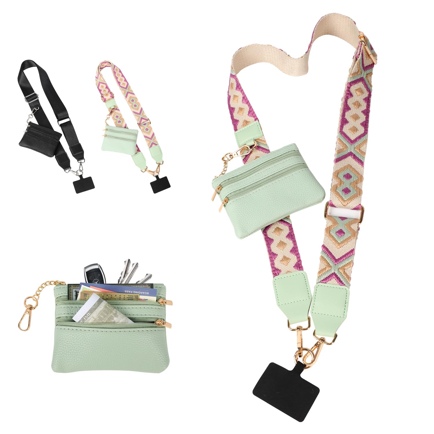 Adjustable Crossbody Phone Strap with Zippered Wallet Pouch - Hands-Free Phone Holder for iPhone & Android - Perfect for Travel, Shopping & Outdoor Activities (Multicolor)