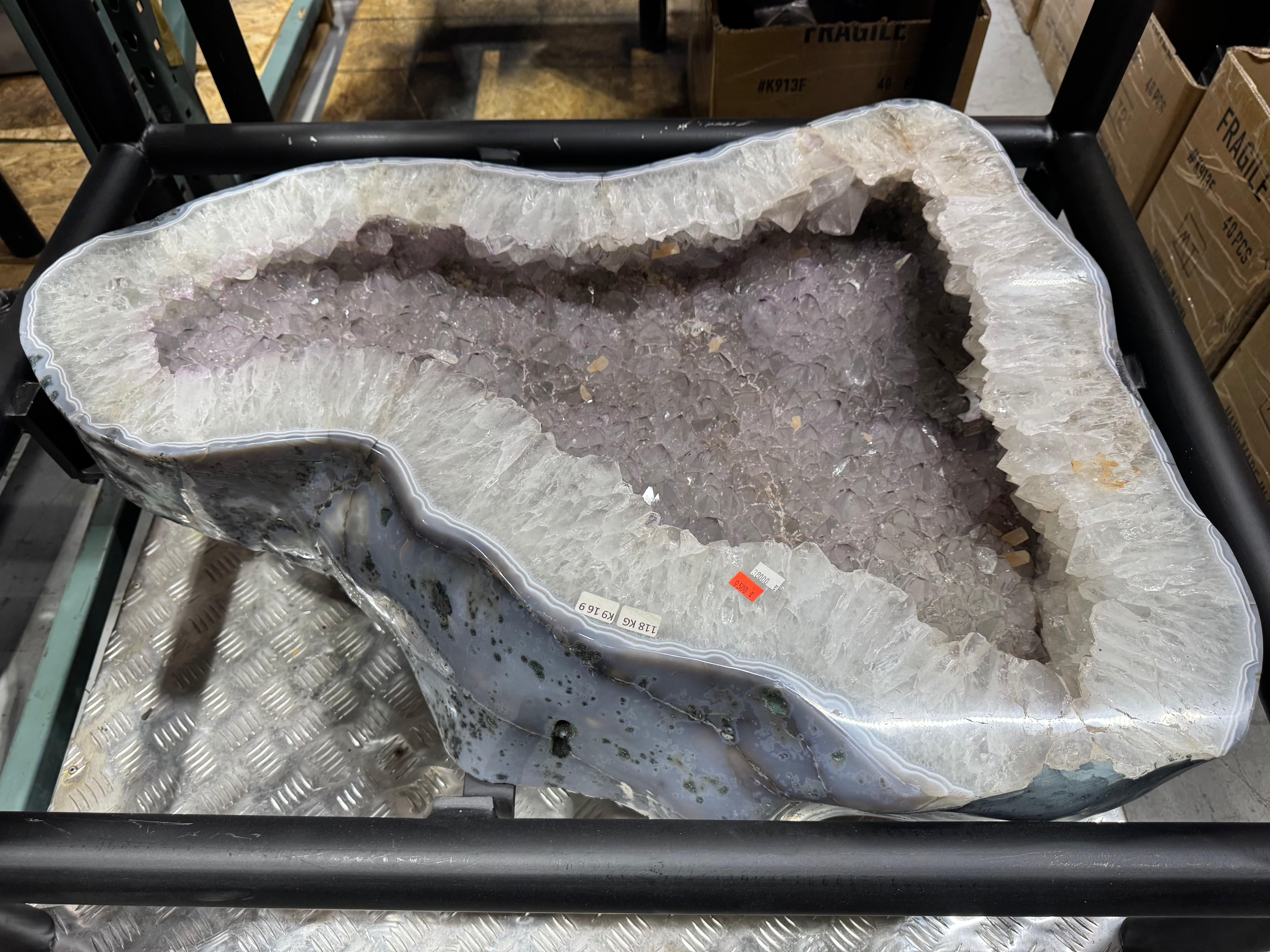 Natural Amethyst Geode Table from Brazil with Custom Wood Stand – 40 lbs Geode, 260 lbs Total – Perfect for Home Decor, Meditation & Healing Spaces