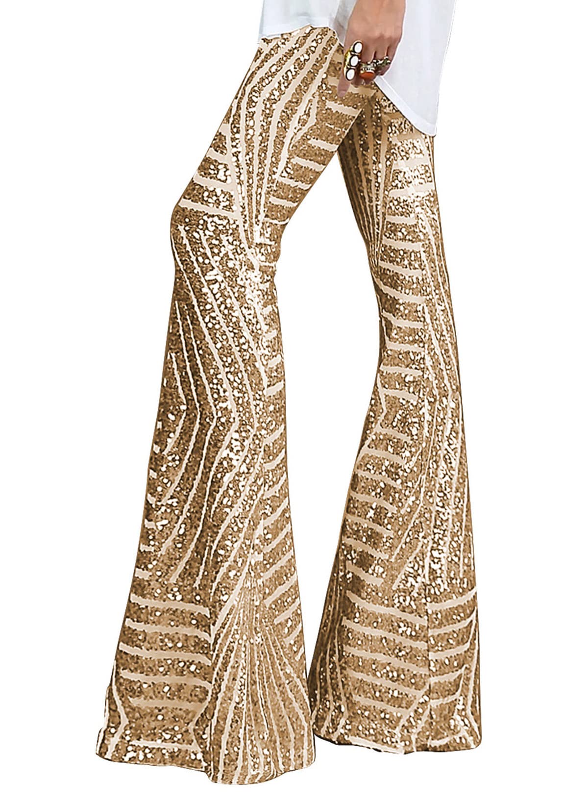 Bdcoco Women's High Waist Sequin Sparkle Flared Pants - Wide Leg Bell Bottom Trousers for Party, Club & Evening Wear | Plus Size & Comfortable Stretch Fabric