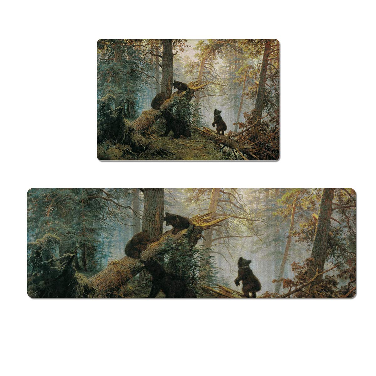 Non-Slip Kitchen Mat Set - 2 Piece Waterproof Anti-Fatigue Floor Mats with Bear Forest Design (18