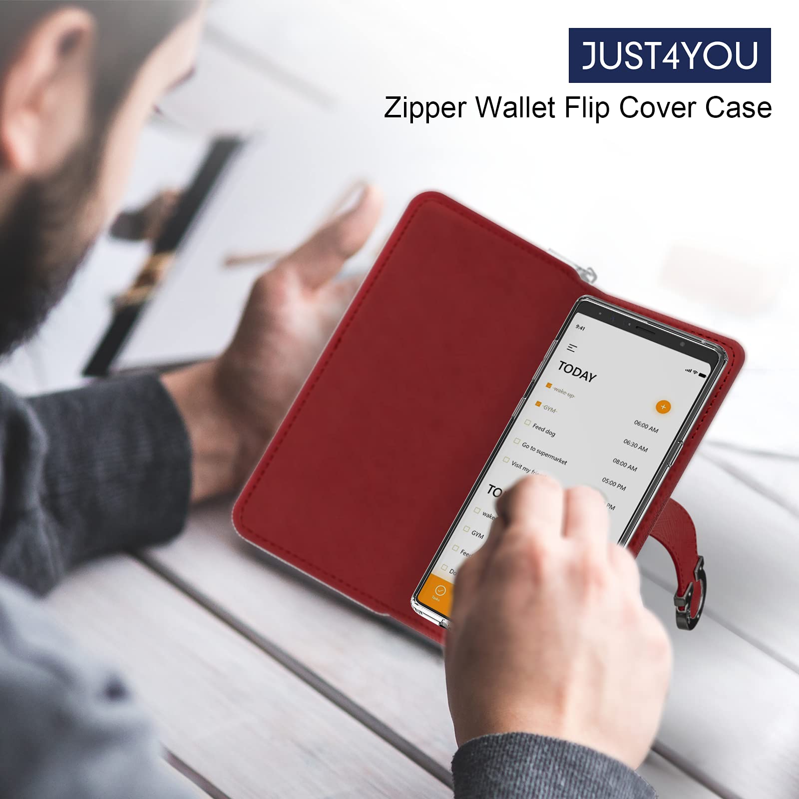 Premium PU Leather Galaxy Note 8 Wallet Case with Zipper Closure, Card Holder & Strap - Burgundy Flip Cover Folio for Protection & Style | Perfect for Business, Travel & Everyday Use