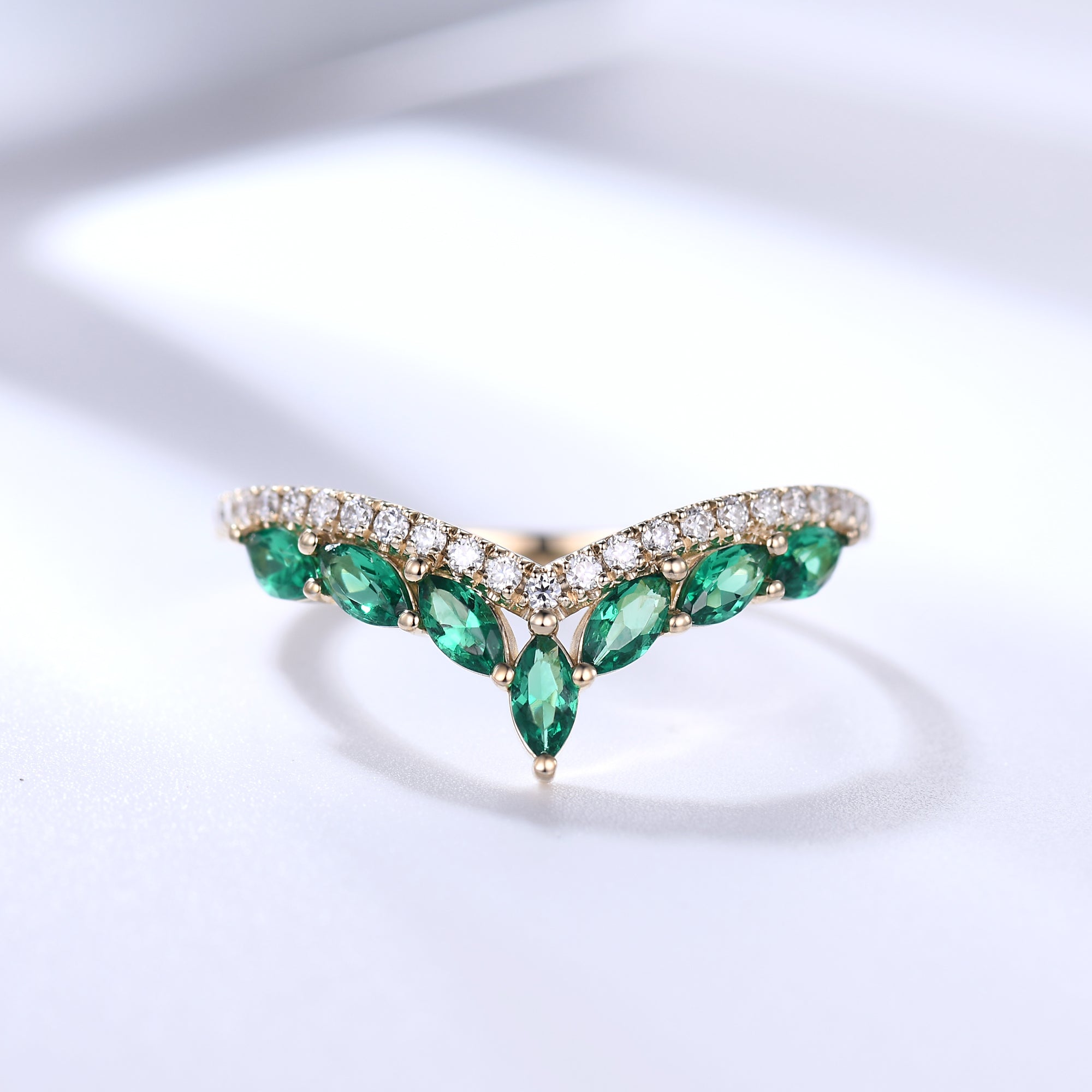 Exquisite Marquise Emerald Curved Wedding Band - 14K Yellow Gold Moissanite Engagement Ring for Women | Perfect for Bridal Jewelry, Anniversary Gifts & Special Occasions