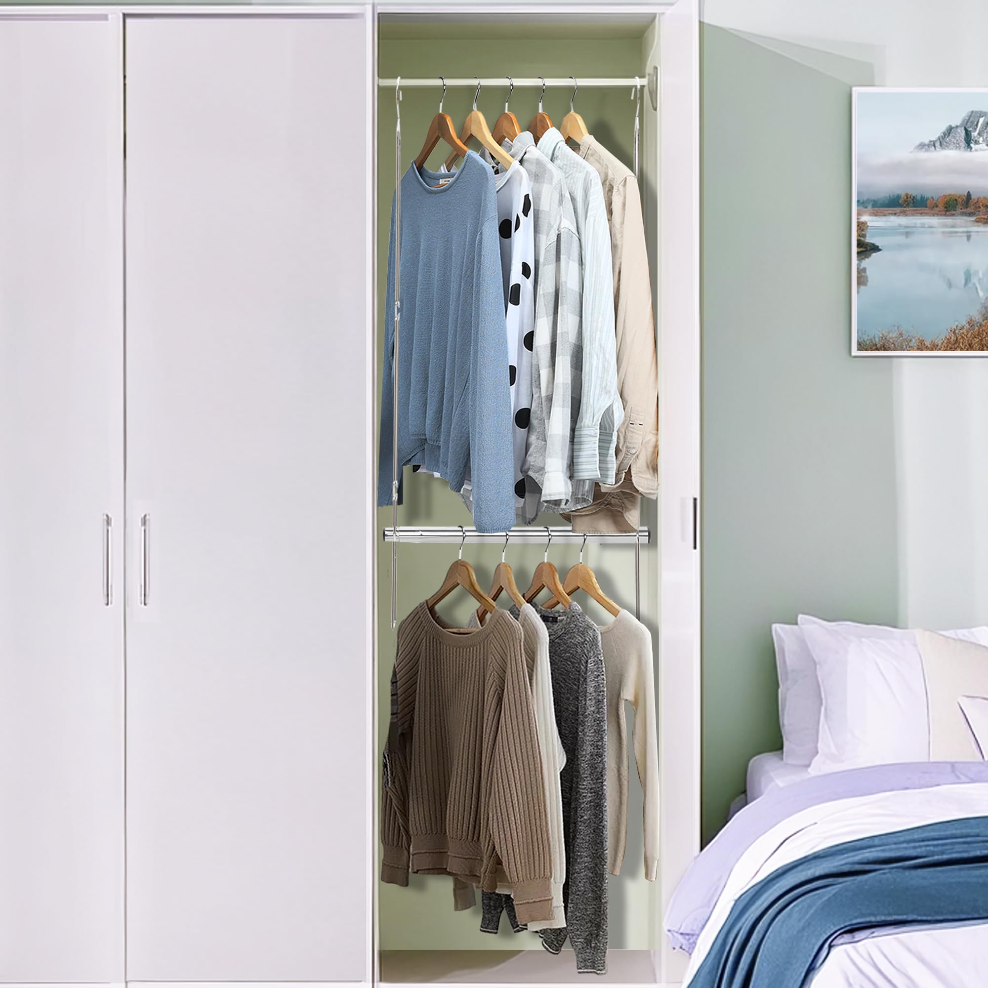 Adjustable Hanging Closet Rod Organizer - Space Saving Closet Extender with Chrome Finish for Bedroom, Closet or Dorm Organization (1 Pack) - Perfect for Maximizing Storage in Small Spaces