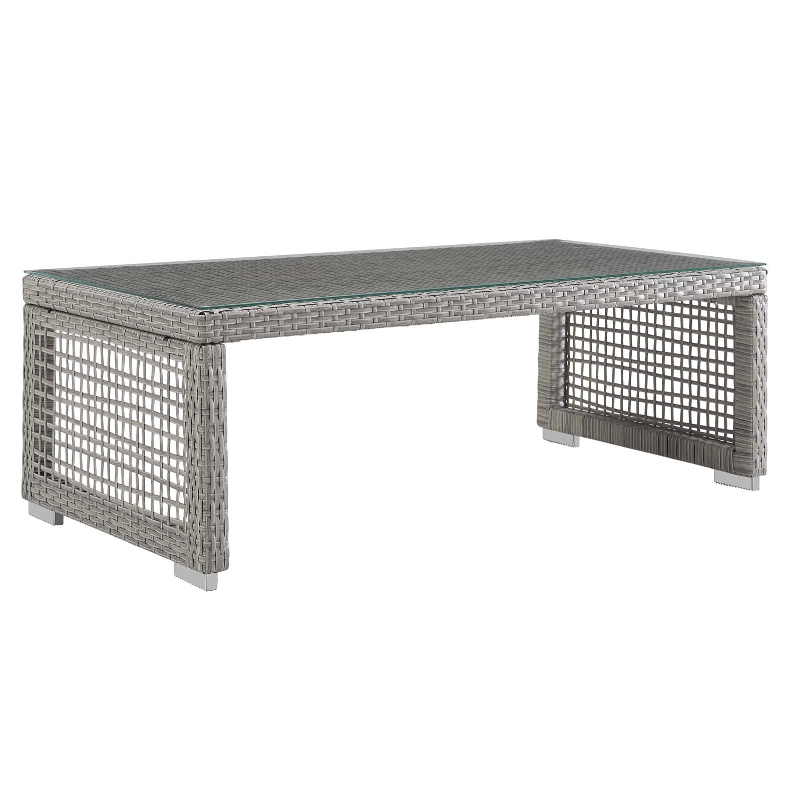 Modway Aura Wicker Rattan Outdoor Patio Coffee Table with Tempered Glass Top - Gray Weather-Resistant Furniture for Garden, Poolside & Backyard Relaxation