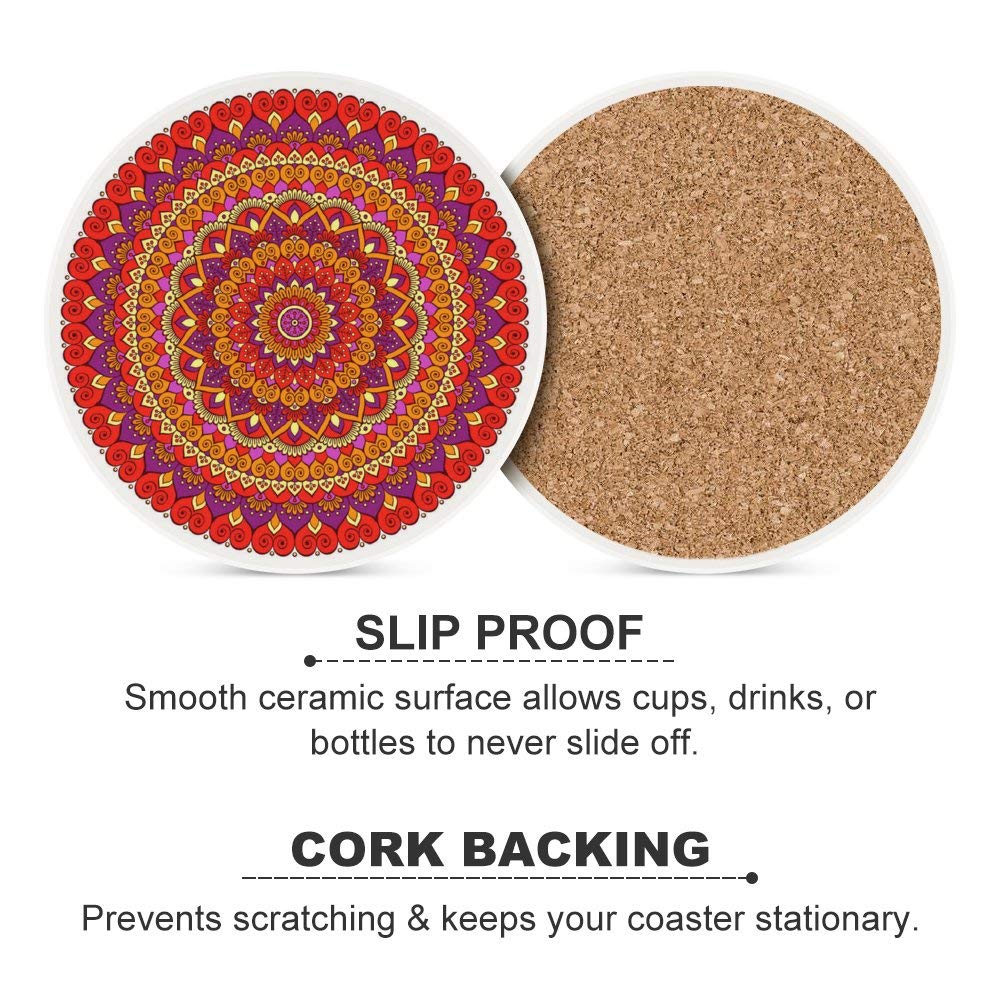 Absorbent Ceramic Coasters with Mandala Flower Pattern - Round Cork Base for Coffee & Glass Cups - Set of 1 - Perfect for Bar, Farmhouse & Home Decor - Protect Tables from Drink Stains