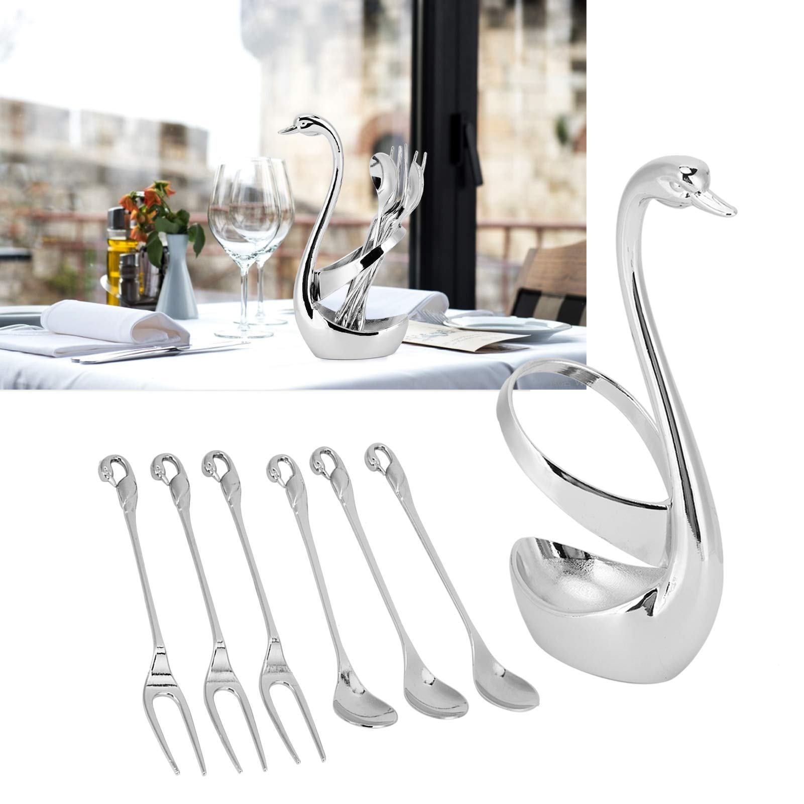 14-Piece Metal Dessert Cutlery Set - Elegant Zinc Alloy Silver Coffee Spoon & Fork Set with Swan Holder - Perfect for Afternoon Tea, Wedding Parties & Home Decoration