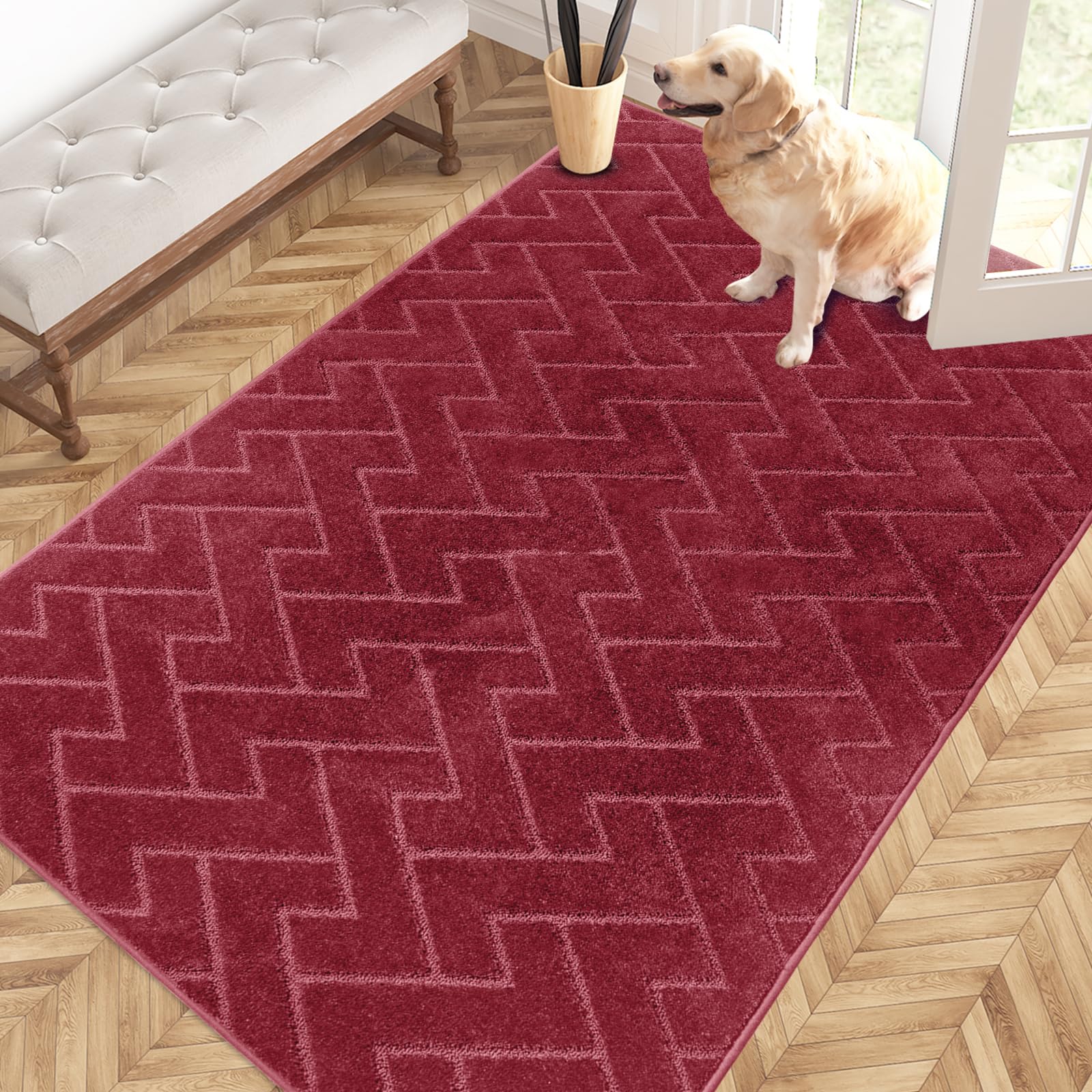 PURRUGS 4x6 Feet Non-Slip Washable Area Rug - Pet Friendly Entryway Mat for Dogs, Stain Resistant Accent Carpet for Hallway, Bedroom, Living Room & Mudroom - Burgundy Red | Perfect for High Traffic Areas & Pet Owners