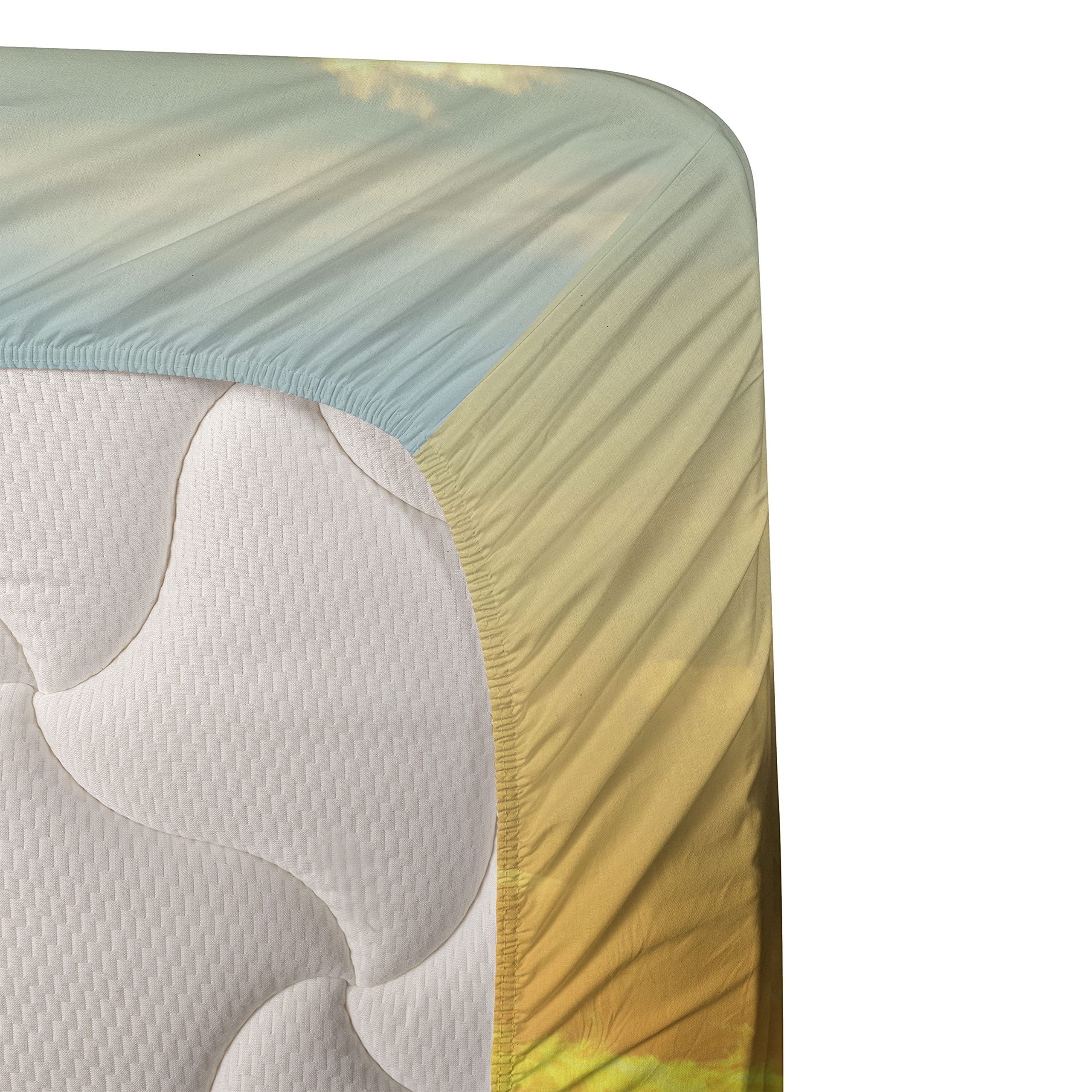 Ambesonne Scenery Sheet Set - Frankfurt Sunset Architecture Landmark Skyscraper Vibrant Colors Waterfront - 4 Piece King Size Bedding Set with Fitted Sheet, Flat Sheet & Pillowcases - Marigold & Blue - Perfect for Modern Bedrooms, Guest Rooms & Vacation Homes