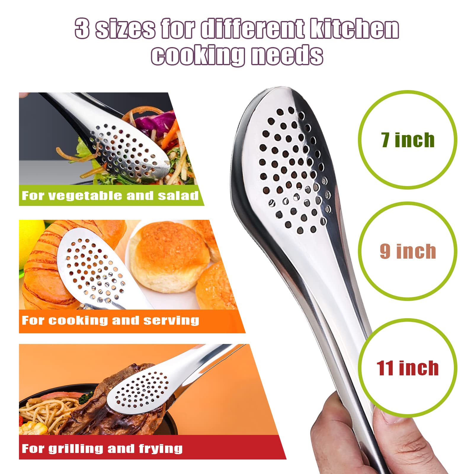TOPULORS Stainless Steel Tongs Set (7/9/11 Inch) - Heavy Duty Kitchen & BBQ Cooking Tongs for Grilling, Frying, Baking, Salad - Dishwasher Safe Serving Utensils for Food, Ice, Toast, Pastry - Perfect for Home Kitchen, Outdoor BBQ, Buffet & Restaurant Use