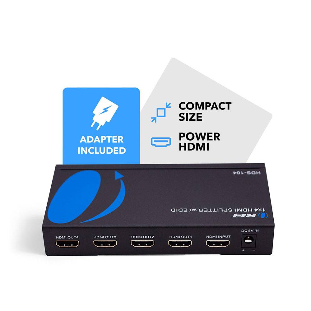 1x4 HDMI Splitter with Power Adapter - 1 Input 4 Output, EDID Support (HDS 104) for Home Theater, Gaming & Multi-Screen Presentations