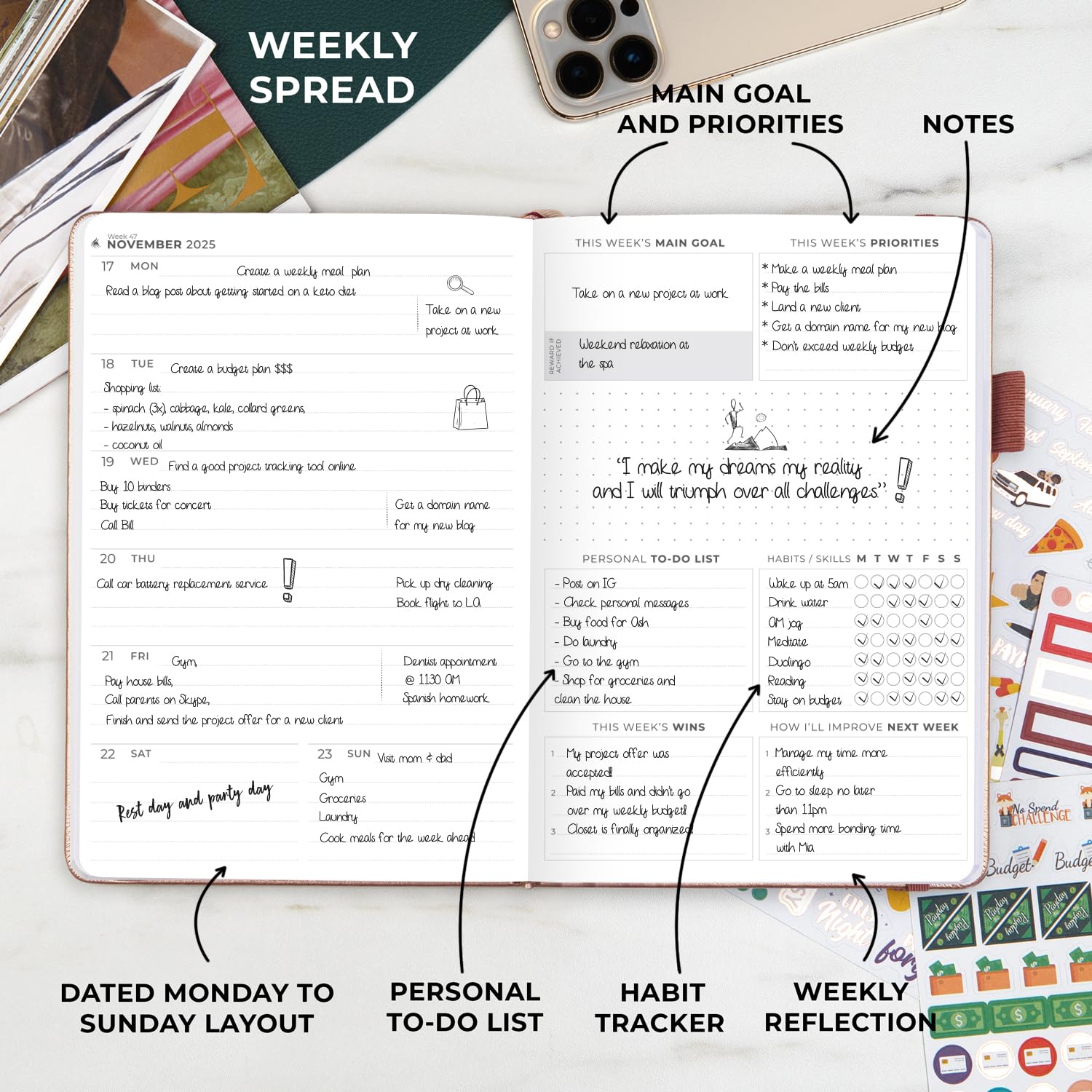 Clever Fox Dated Planner Premium 2025 - Weekly & Monthly Agenda Organizer for Productivity - Goal Setting Notebook with Habit Tracker, To-Do Lists & Stickers (Rose Gold) - Perfect for Students, Professionals & Entrepreneurs
